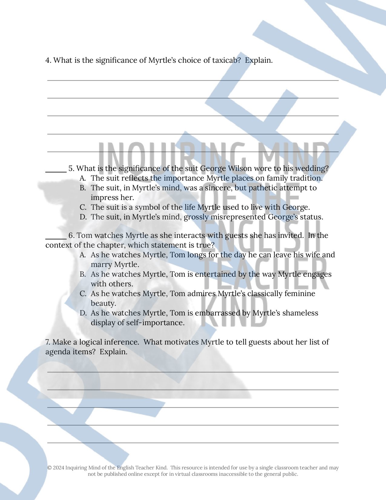 The Great Gatsby by F. Scott Fitzgerald Chapter 2 Quiz, Inference Worksheet, and Vocabulary Games for High School