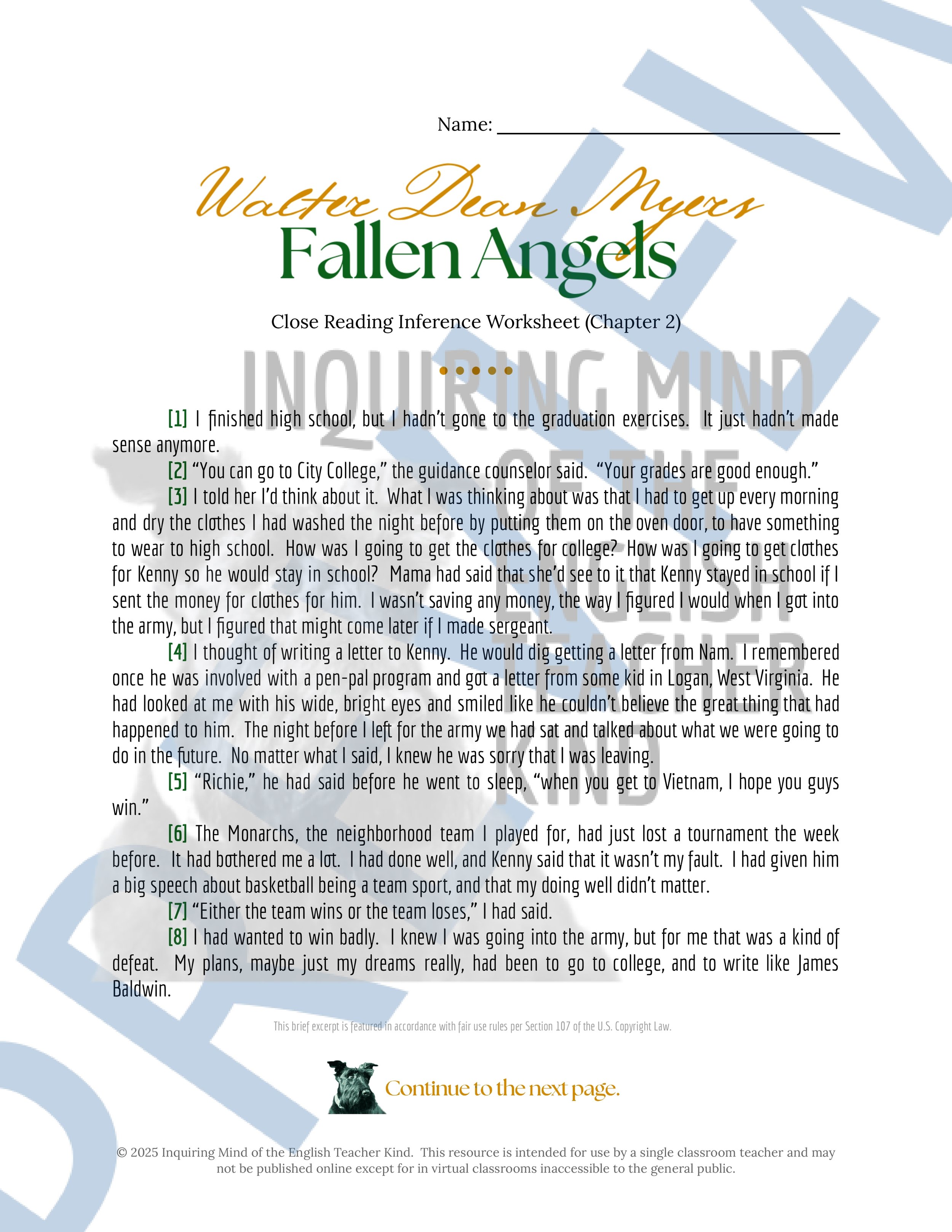 Fallen Angels Quizzes, Worksheets, Research Project, Test, and Answer Keys Mega Bundle from Inquiring Mind of the English Teacher Kind
