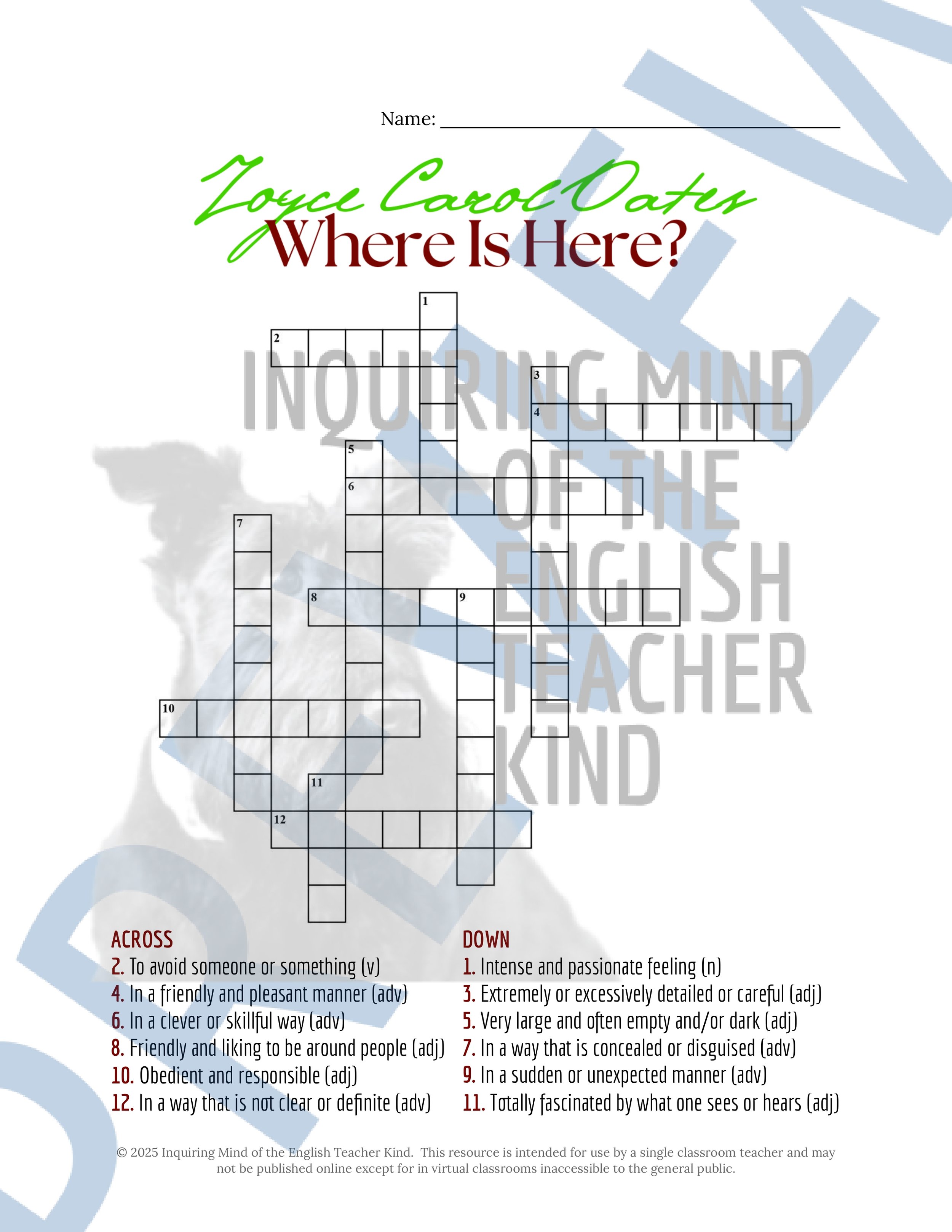 "Where Is Here?" by Joyce Carol Oates Quiz, Close Reading Analysis Worksheet, Vocabulary Activities, and Answer Keys for High School from Inquiring Mind of the English Teacher Kind