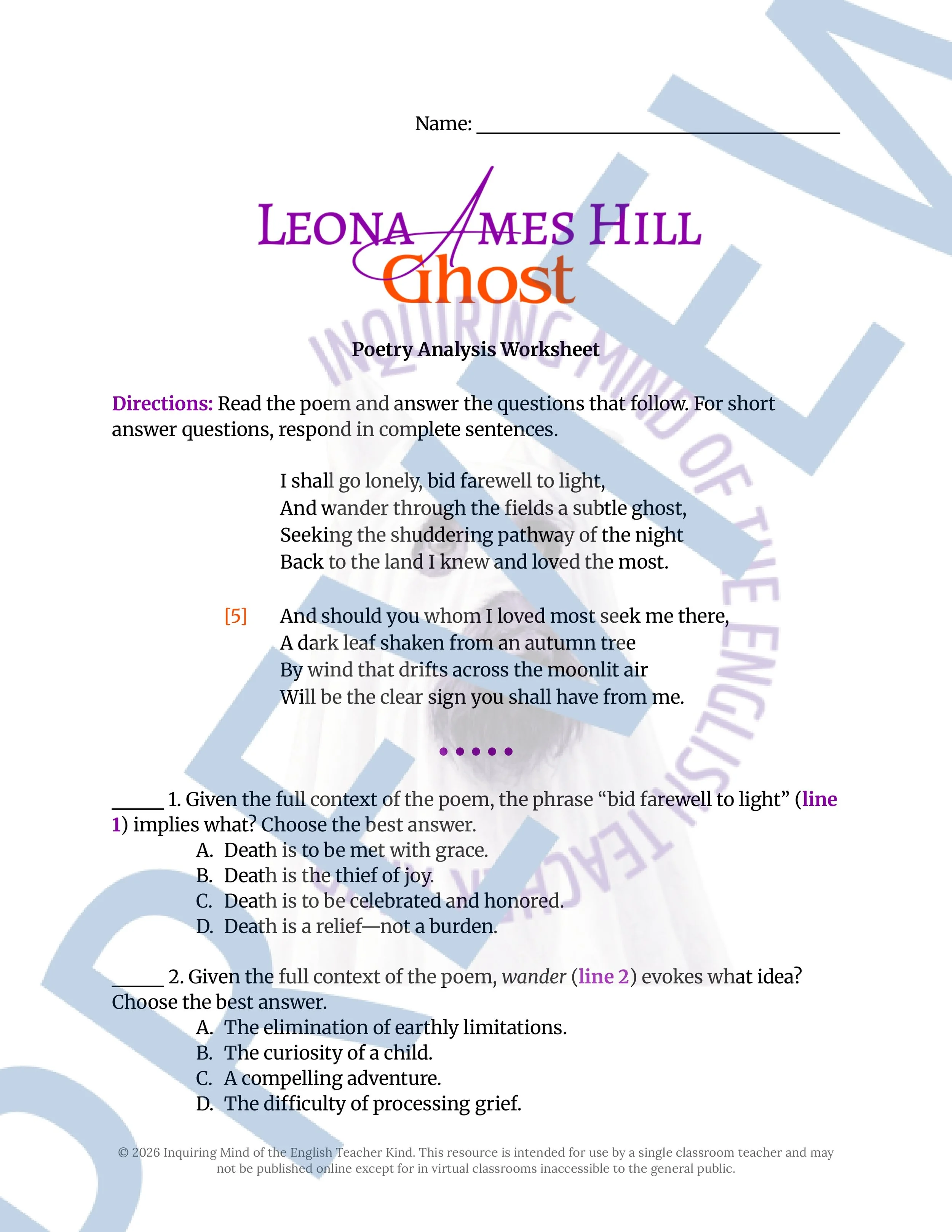 Ghost by Leona Ames Hill Poetry Analysis Worksheet and Answer Key for High School English and Halloween (1).jpg