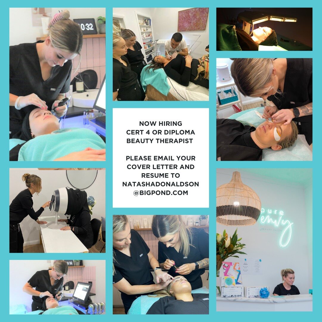 ✨NOW HIRING ✨
Hello, my name is Natasha Donaldson from Pure Envy Beauty Salon, and we are looking to expand the Pure Envy family. 
We are looking for a passionate Cert 4 or diploma therapist who has a passion to provide outstanding skin treatments, b