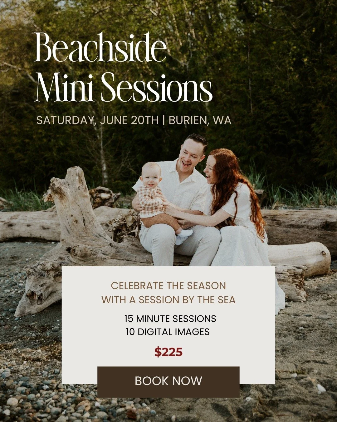 Summer is officially here, and I&rsquo;m excited to announce my Beachside Minis in Burien, WA! 🌊✨

These quick 15‑minute sessions are perfect for families, couples, or anyone wanting updated photos with that soft PNW shoreline glow.

You&rsquo;ll re
