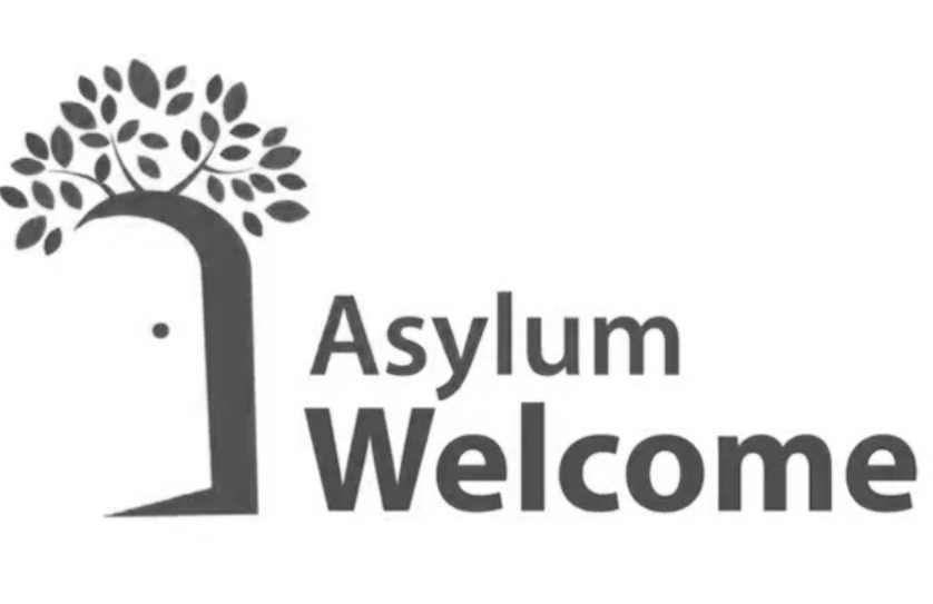 Logo of Asylum Welcome with a tree and door symbol.