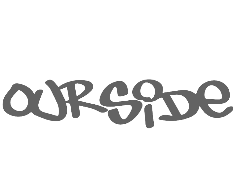 Purple graffiti-style text spelling 'OURSIDE' on a white background.