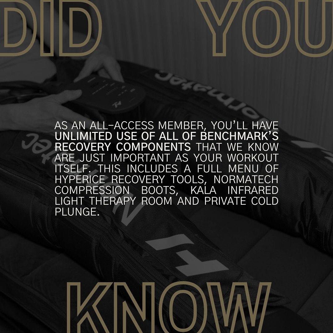 B M F DID YOU KNOW 💪🏼

As an all access BENCHMARK member, you&rsquo;ll gain unlimited access to our exclusive, premium recovery amenities- Hyperice recovery tools, Normatec boots, KALA red light therapy and a private cold plunge. Experience the dif