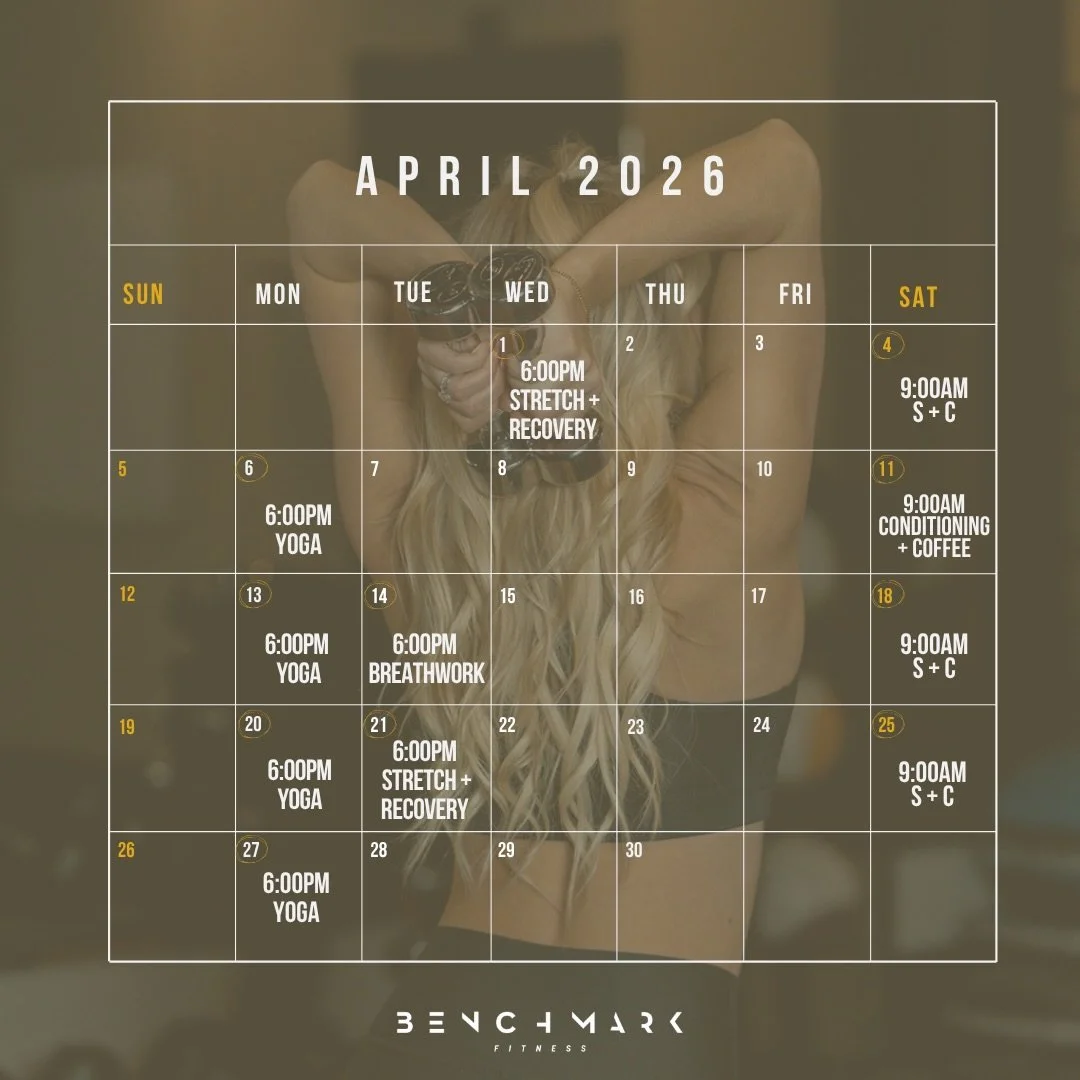 APRIL CLASSES + EVENTS

Another month of BENCHMARK classes + experiences&hellip; full of high vibe HIIT work-outs, mindful recovery, community building and NEW Conditioning + Coffee experiences!! 

- B M F Strength + Conditioning
- B M F Yoga
- B M F