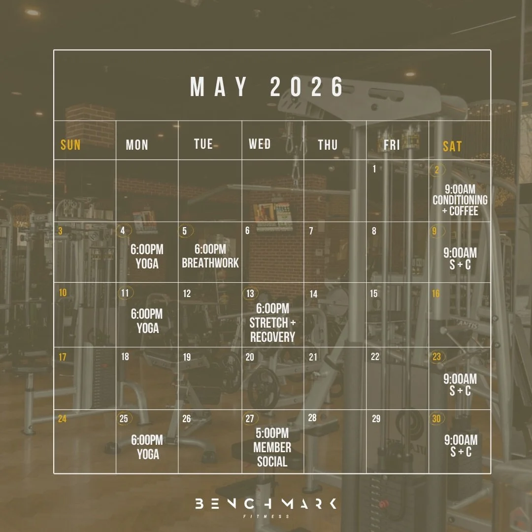 MAY CLASSES + EVENTS

Another month of BENCHMARK classes + experiences&hellip; full of high vibe HIIT work-outs, mindful recovery, community building and NEW Conditioning + Coffee experiences!! 

- B M F Strength + Conditioning
- B M F Yoga
- B M F S