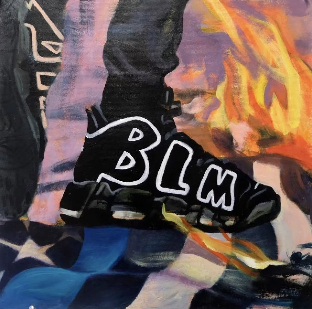 A painting of a person with short hair wearing a black outfit with bold white lettering, sitting near a bright fire with orange and yellow flames.