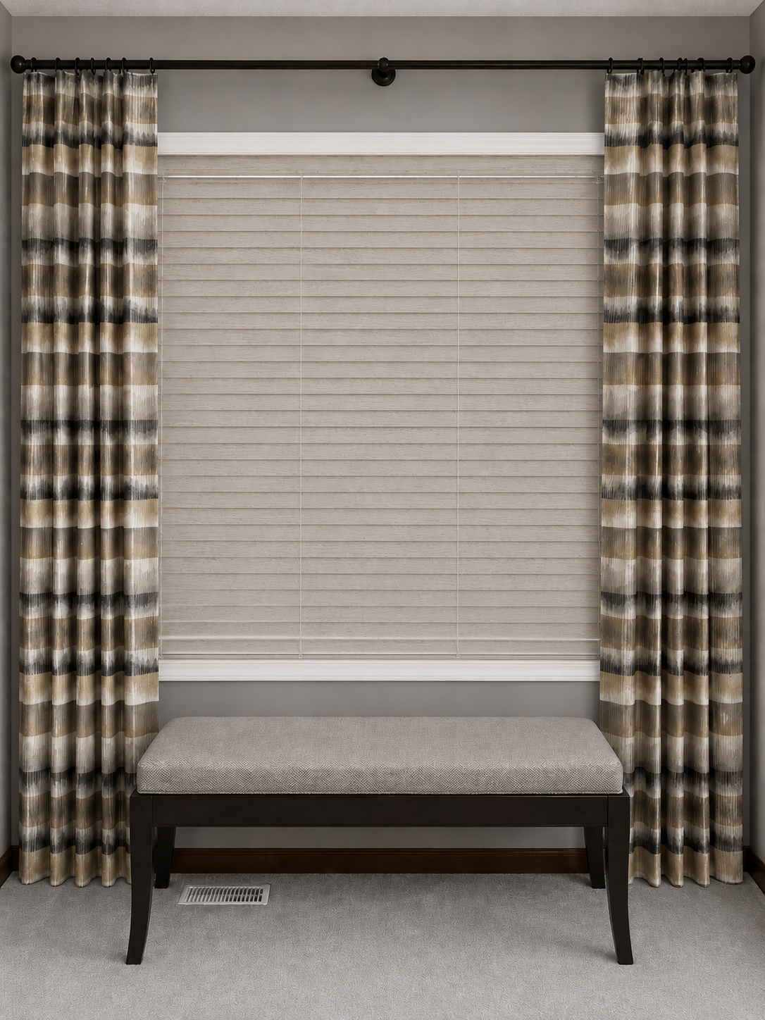 Custom Blinds and Drapery in a Primary Bedroom
