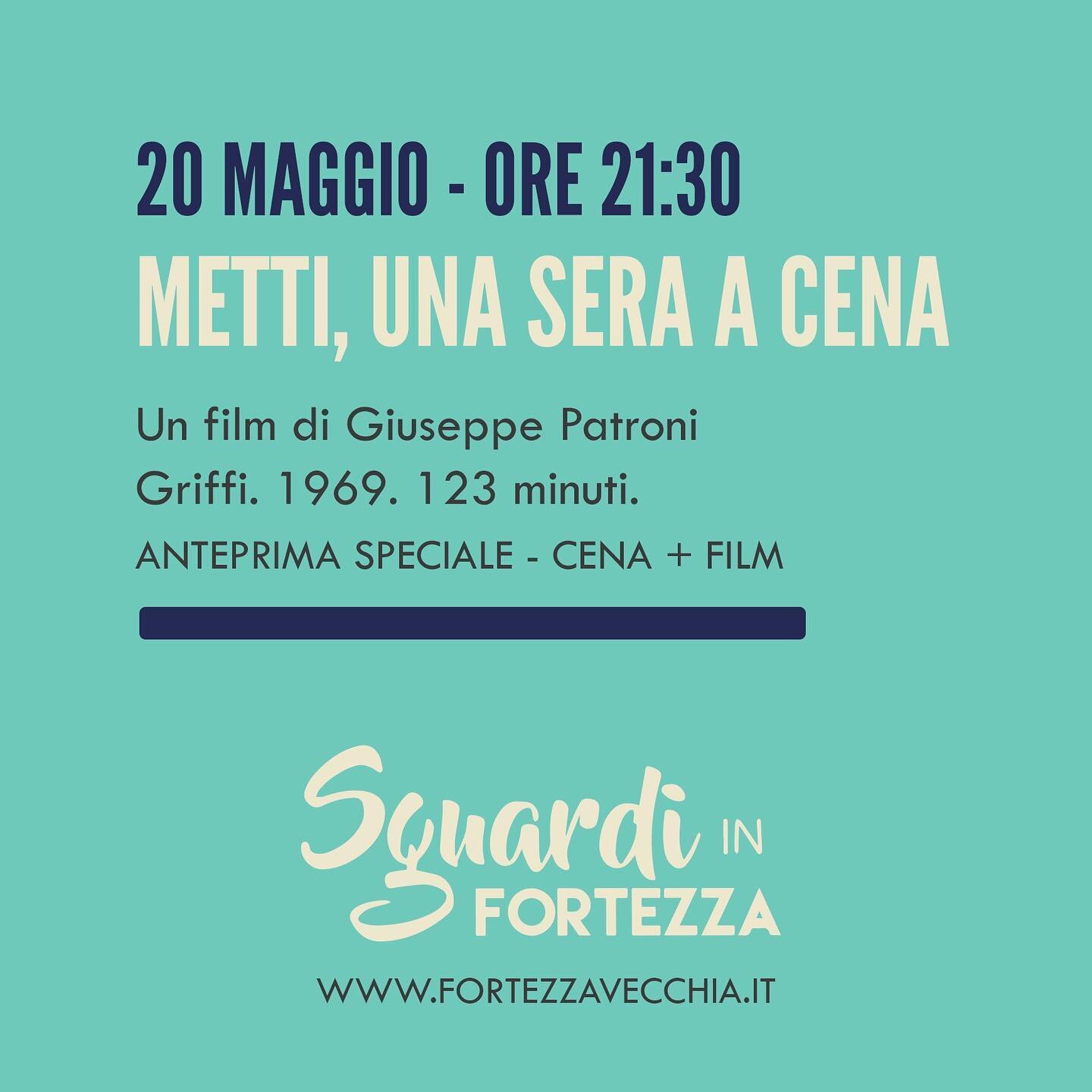 METTI, UNA SERA A CENA
20 Maggio - ore 21:30

Per l&rsquo;occasione il film scelto &egrave; &quot;Metti una sera a cena&quot; di Giuseppe Patroni Griffi - 1969 - commedia, con Florinda Bolkan, Lino Capolicchio, Claudio Carrozza, Adriana Asti, Annie G