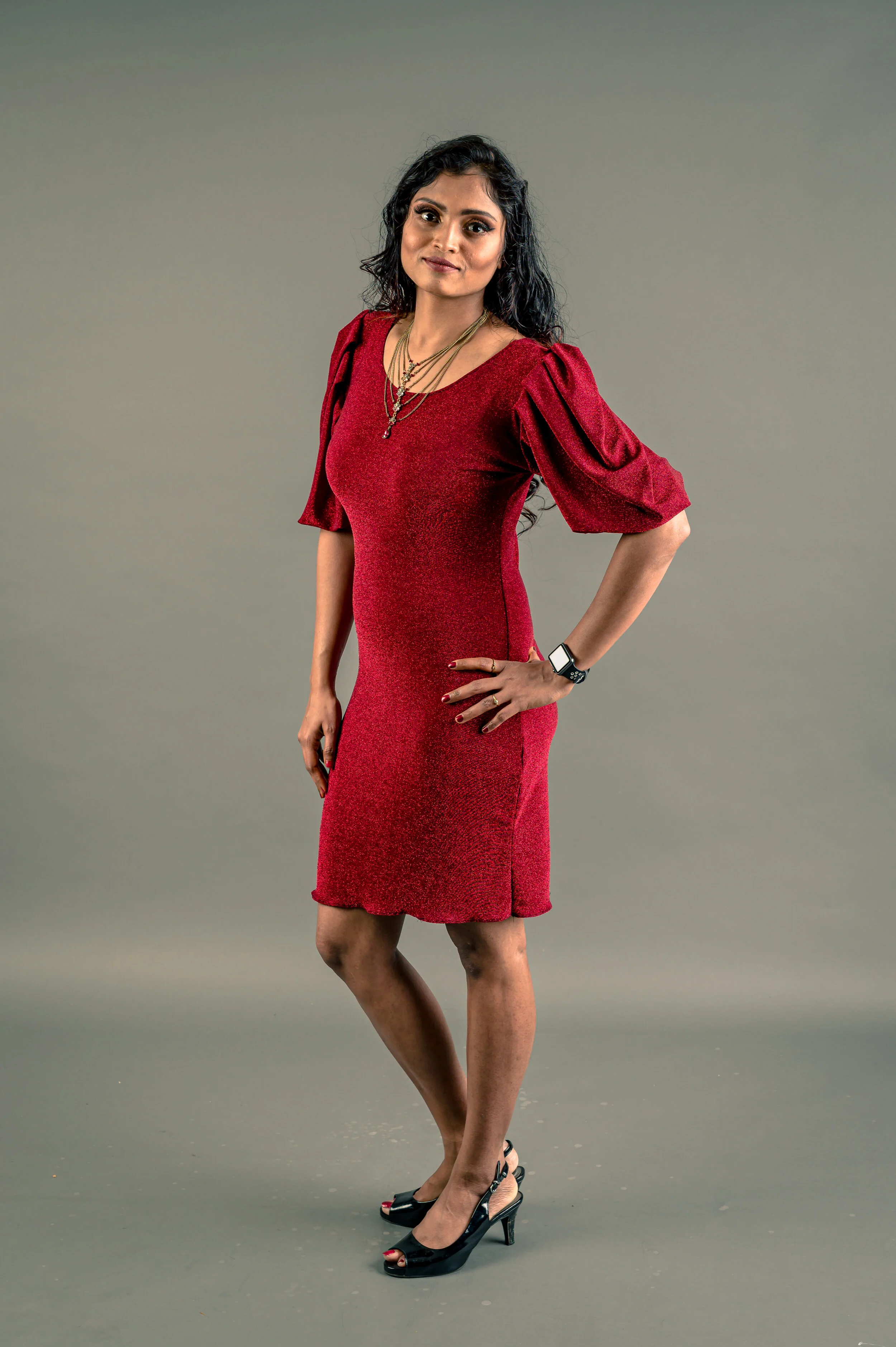Red Sparkle Puff Sleeve Dress — J.Lidan