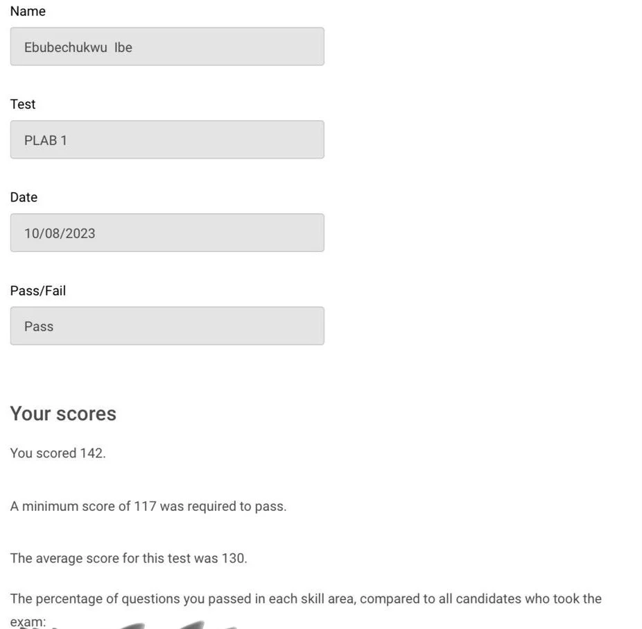 Screenshot of a test result page showing information such as the candidate's name, test name (PLAB 1), date (10/08/2023), pass/fail status (Pass), and scores. The candidate scored 142, which is above the passing score of 117 and the average score of 130.