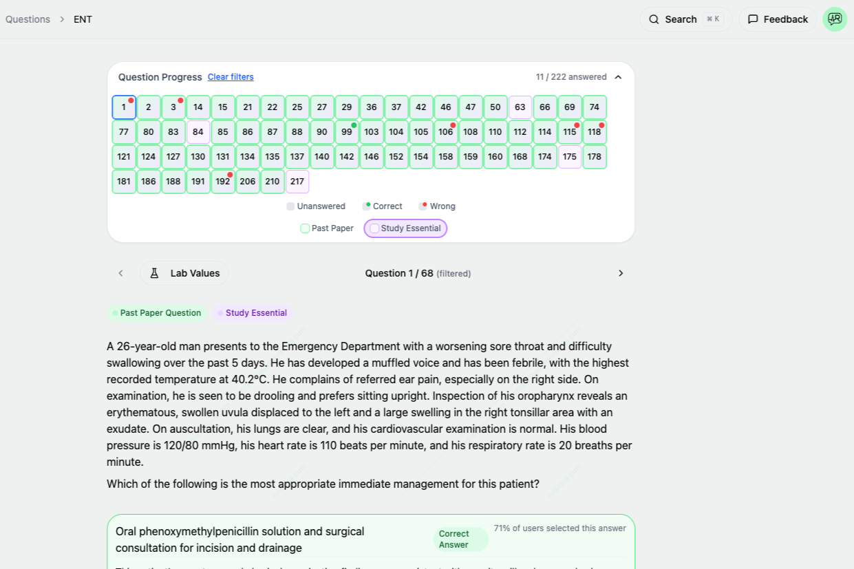 Screenshot of an online medical quiz question about a 26-year-old man with sore throat and other symptoms, asking for the most appropriate management. The interface shows question progress and answer options, with a green correct answer selected.