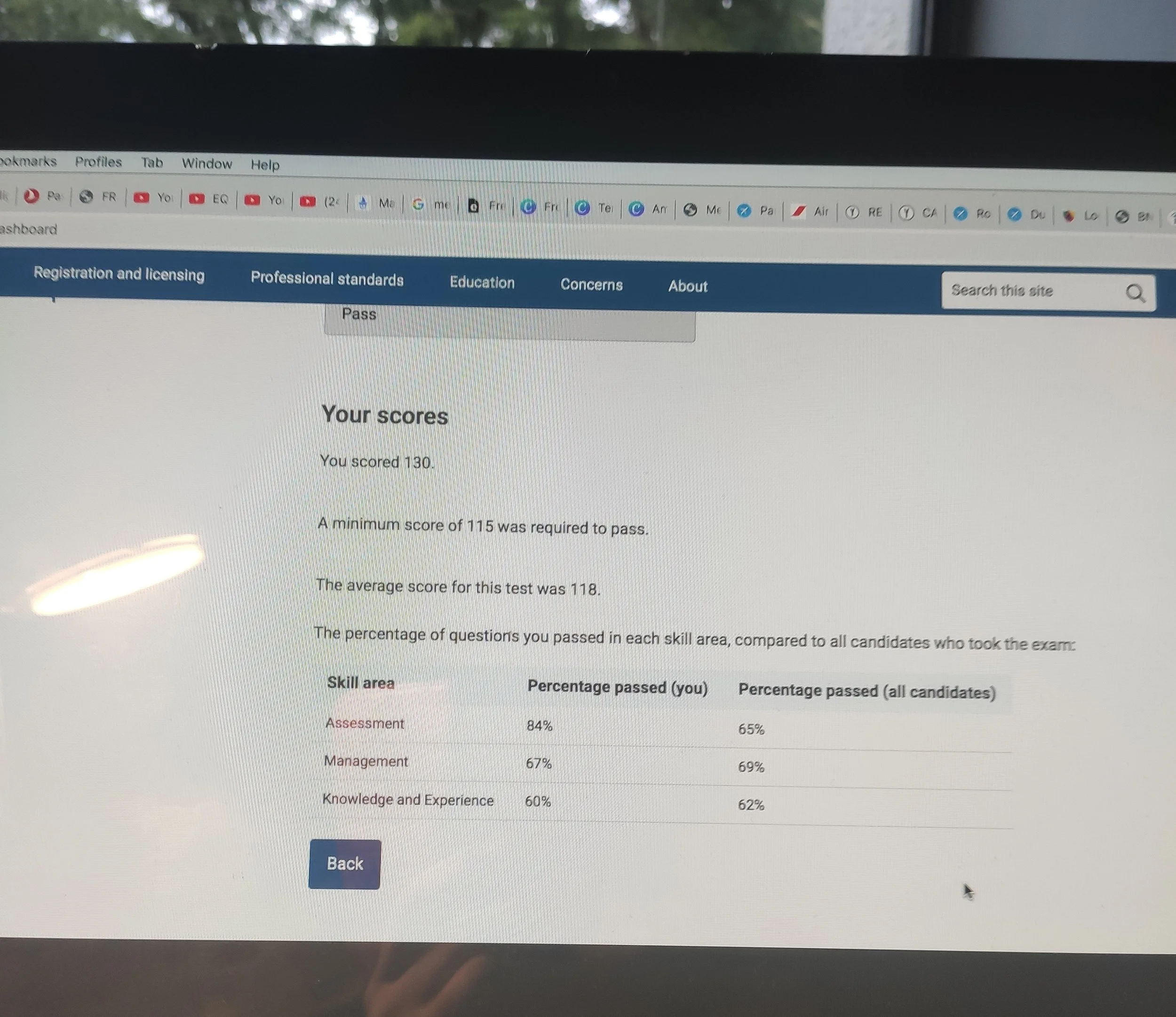 A screenshot of test score results on a laptop screen. It shows a score of 130, with a minimum passing score of 115 and an average score of 118. A table compares the percentage of questions passed in skill areas: Assessment 84% (candidate) vs 65% (all candidates), Management 67% vs 69%, and Knowledge and Experience 60% vs 62%. Navigation options and multiple browser tabs are open.