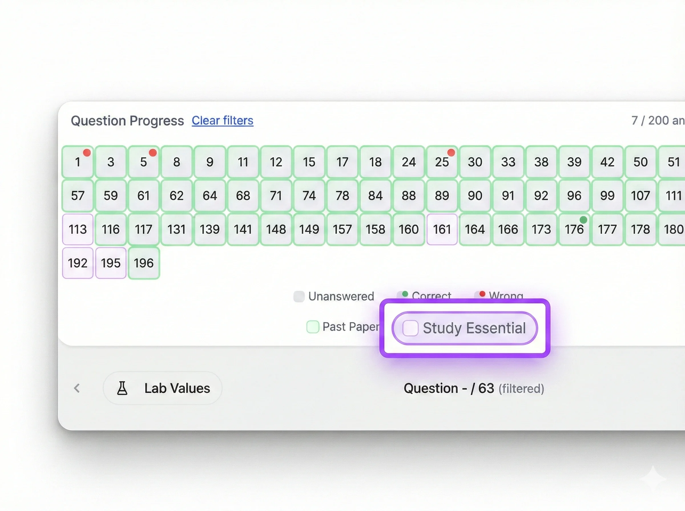 Screenshot of a quiz interface showing question progress with answered and unanswered questions, and a checked box labeled 'Study Essential'.