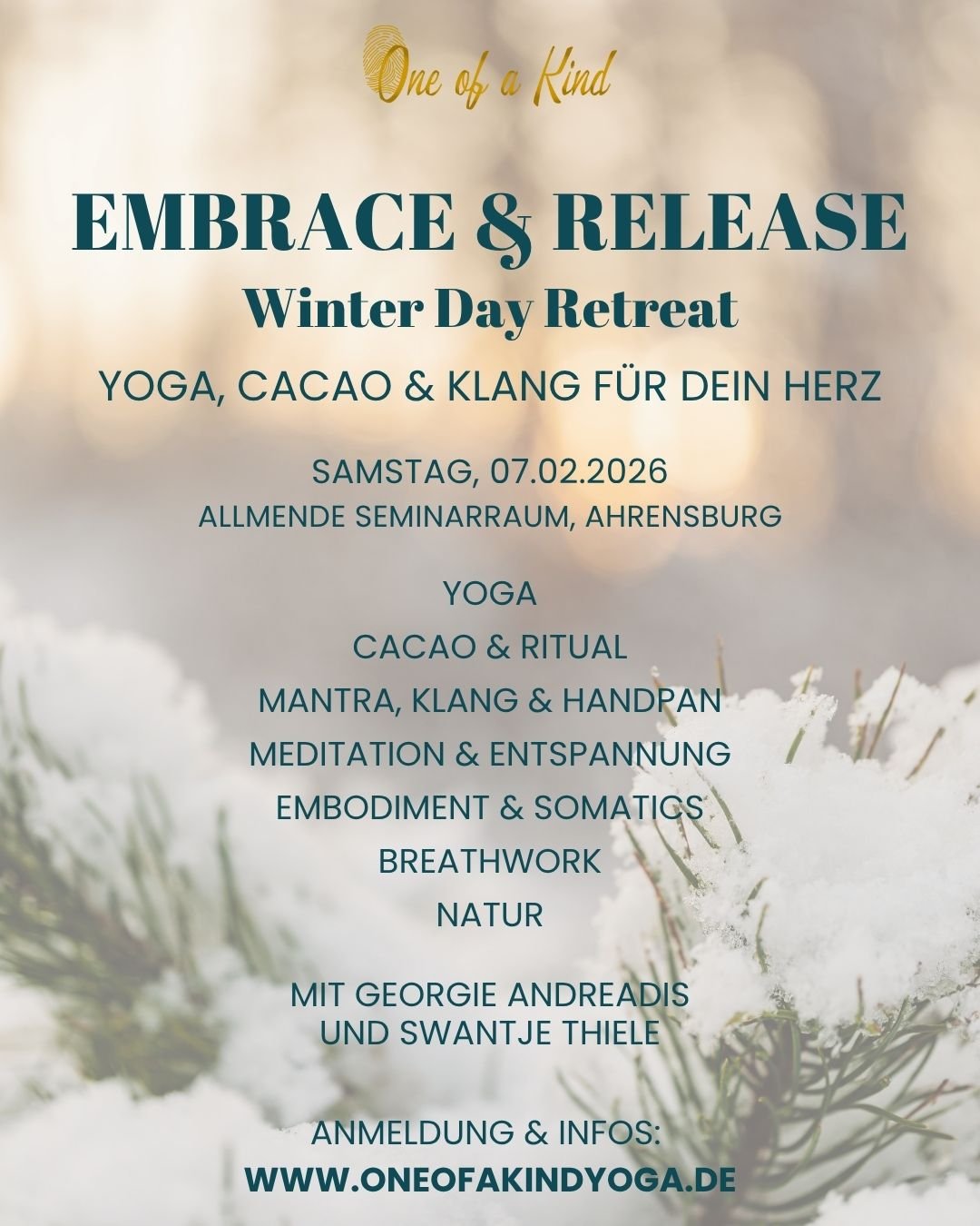 ❄️ Winter Day Retreat ❄️ EMBRACE &amp; RELEASE &ndash; Yoga, Cacao &amp; Klang f&uuml;r dein Herz
mit Georgie ( @georgihandpan ) &amp; Swantje ( @oneofakind.yoga )

Sp&uuml;rst du es auch? Es wird Winter und die K&auml;lte und Dunkelheit halten wiede
