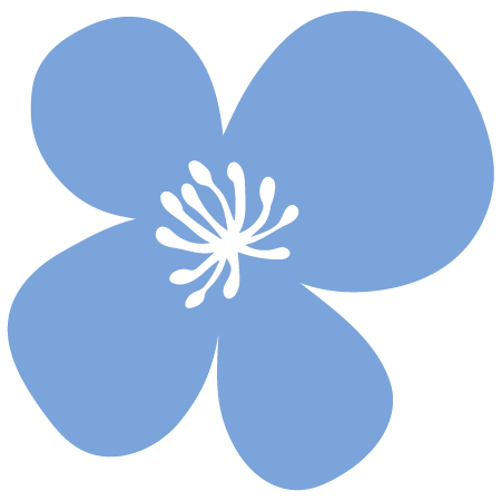 A simple illustration of a purple flower with seven rounded petals and a small oval center.