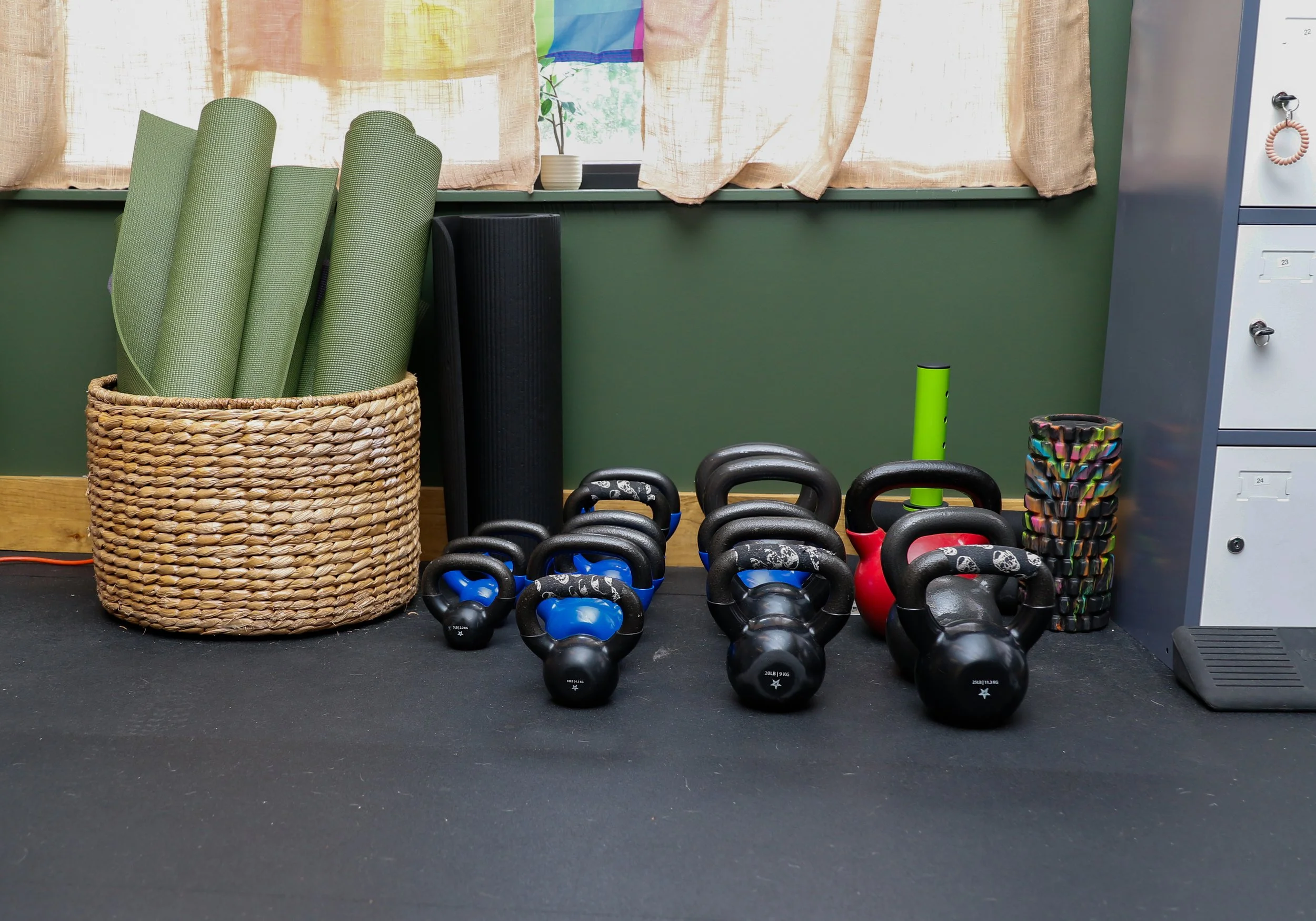 Yoga mats and kettlebells that can be used by all members