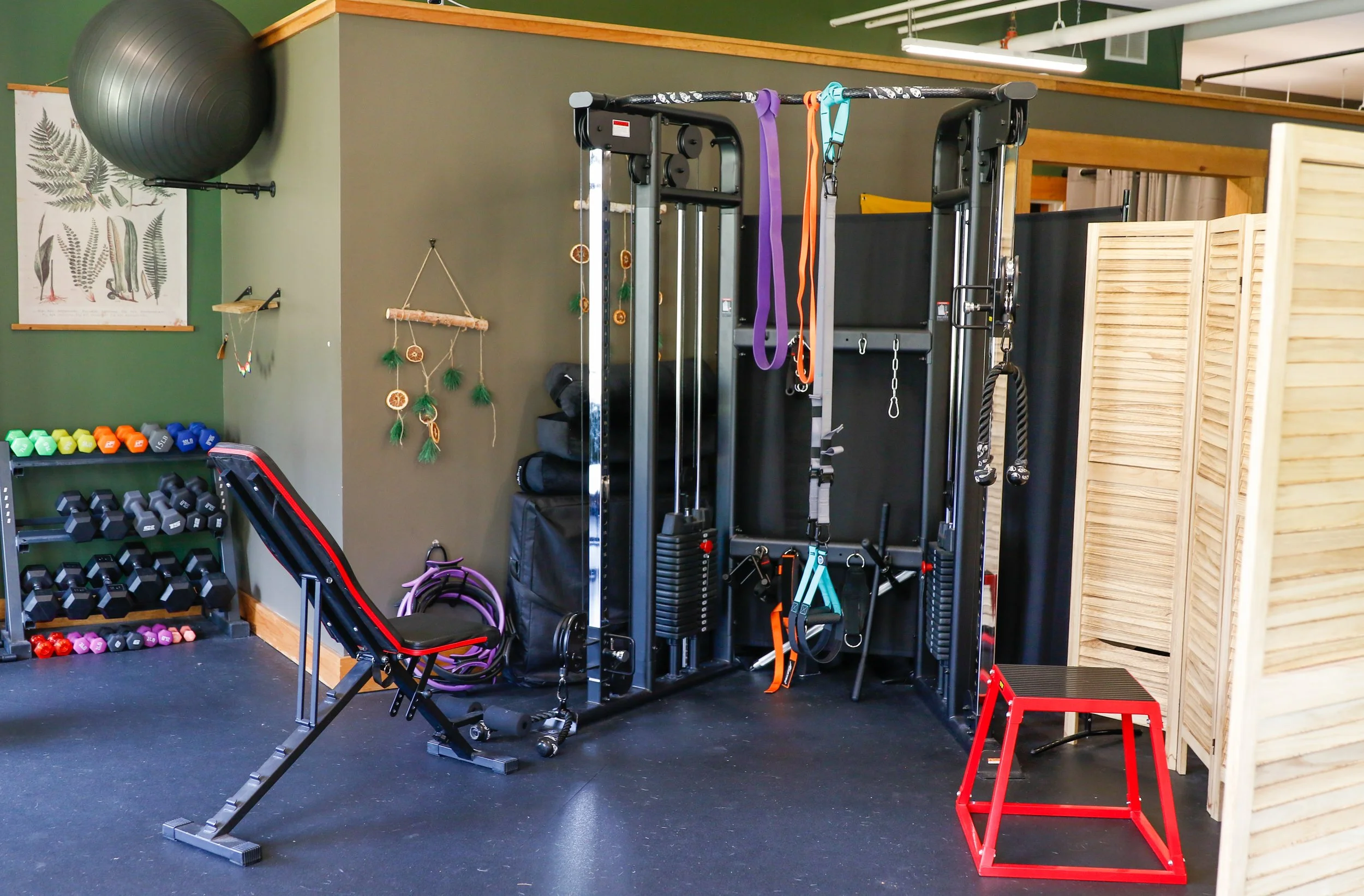 The weight rack and equipment in the back training room, our most secluded personal training space