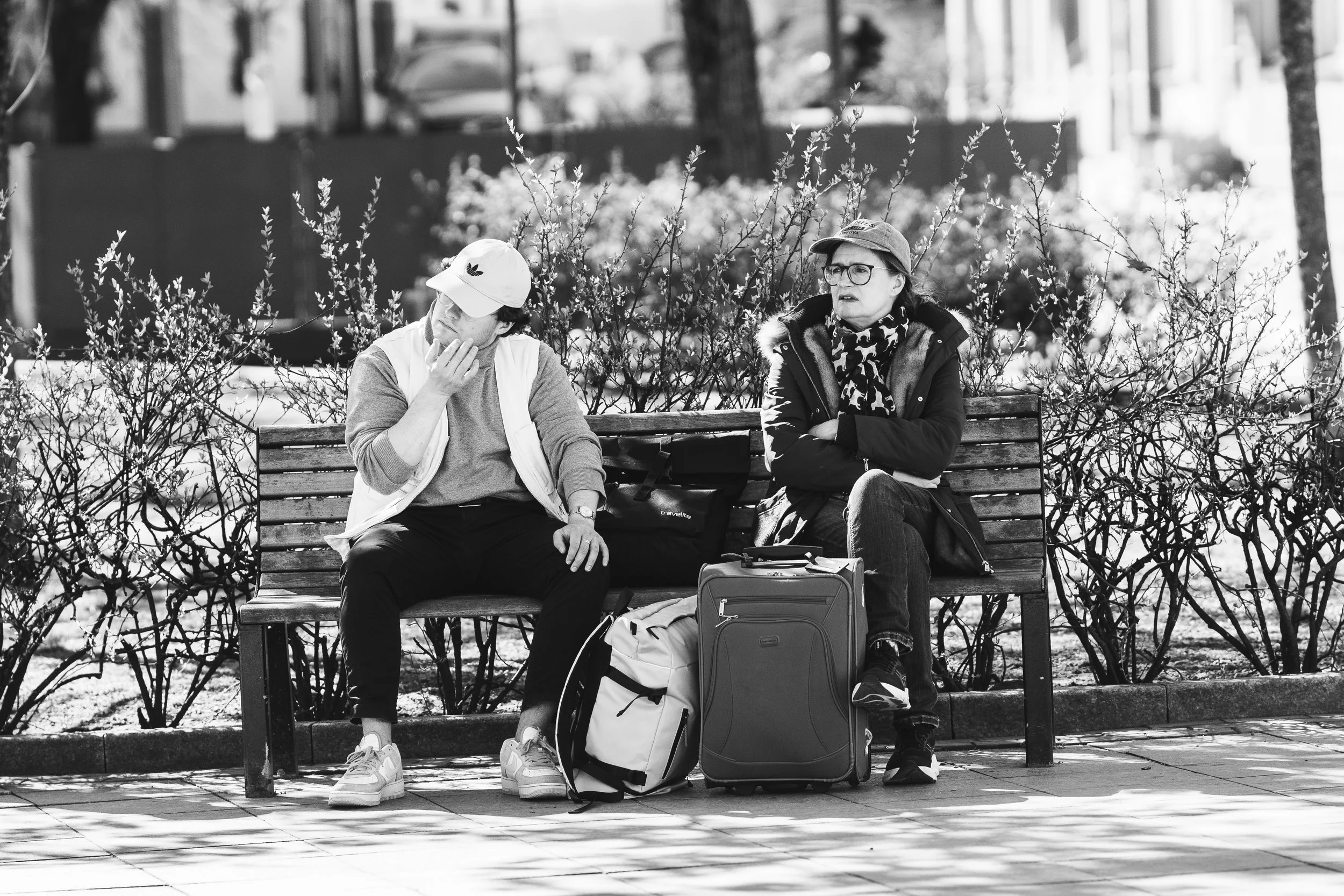 Two people sitting on a park bench with luggage in front of a bush, engaged in conversation.