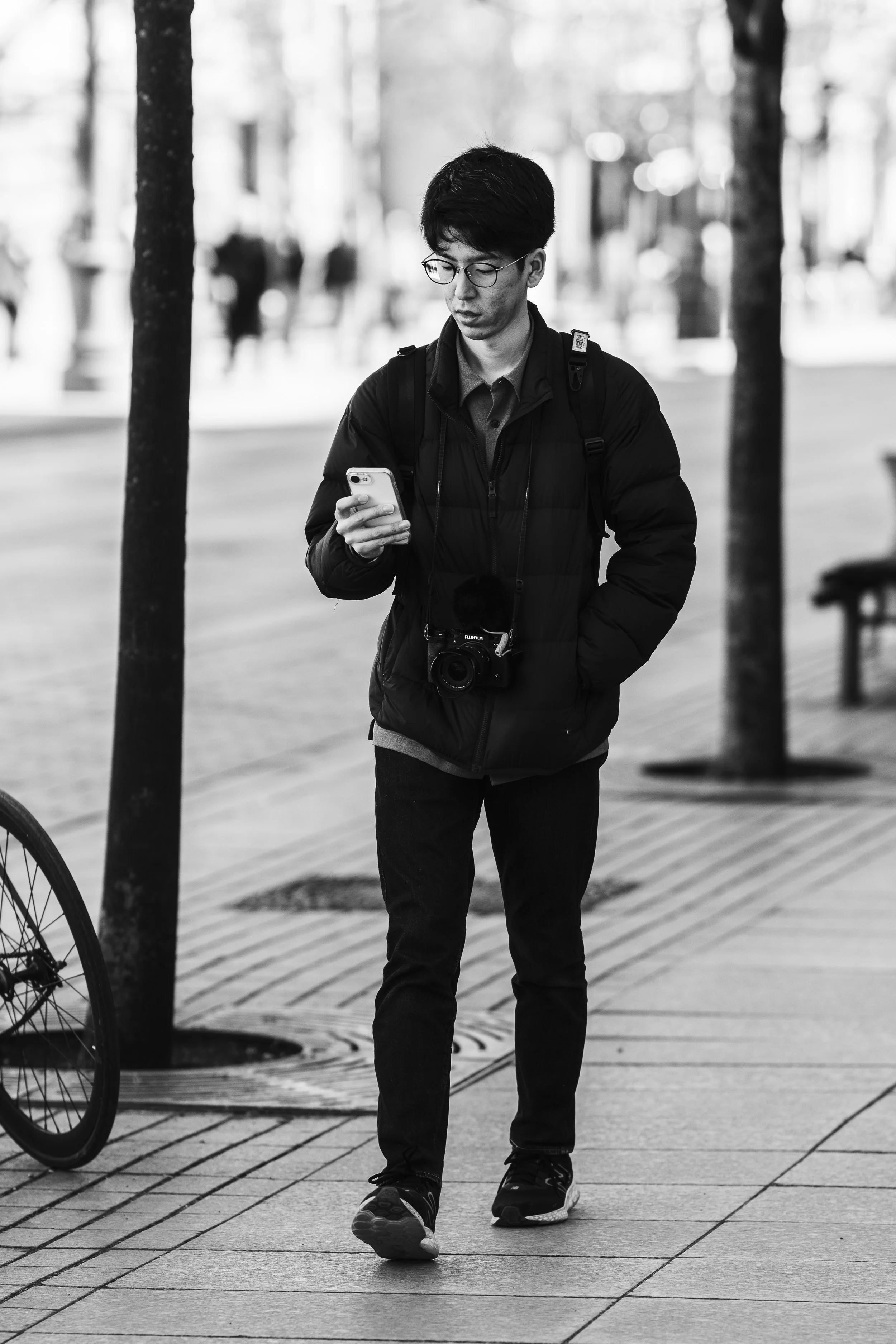 A young man with glasses and a backpack walking on the sidewalk, looking at his phone, with a camera hanging around his neck. In the background, there are trees and benches in a park or city street.