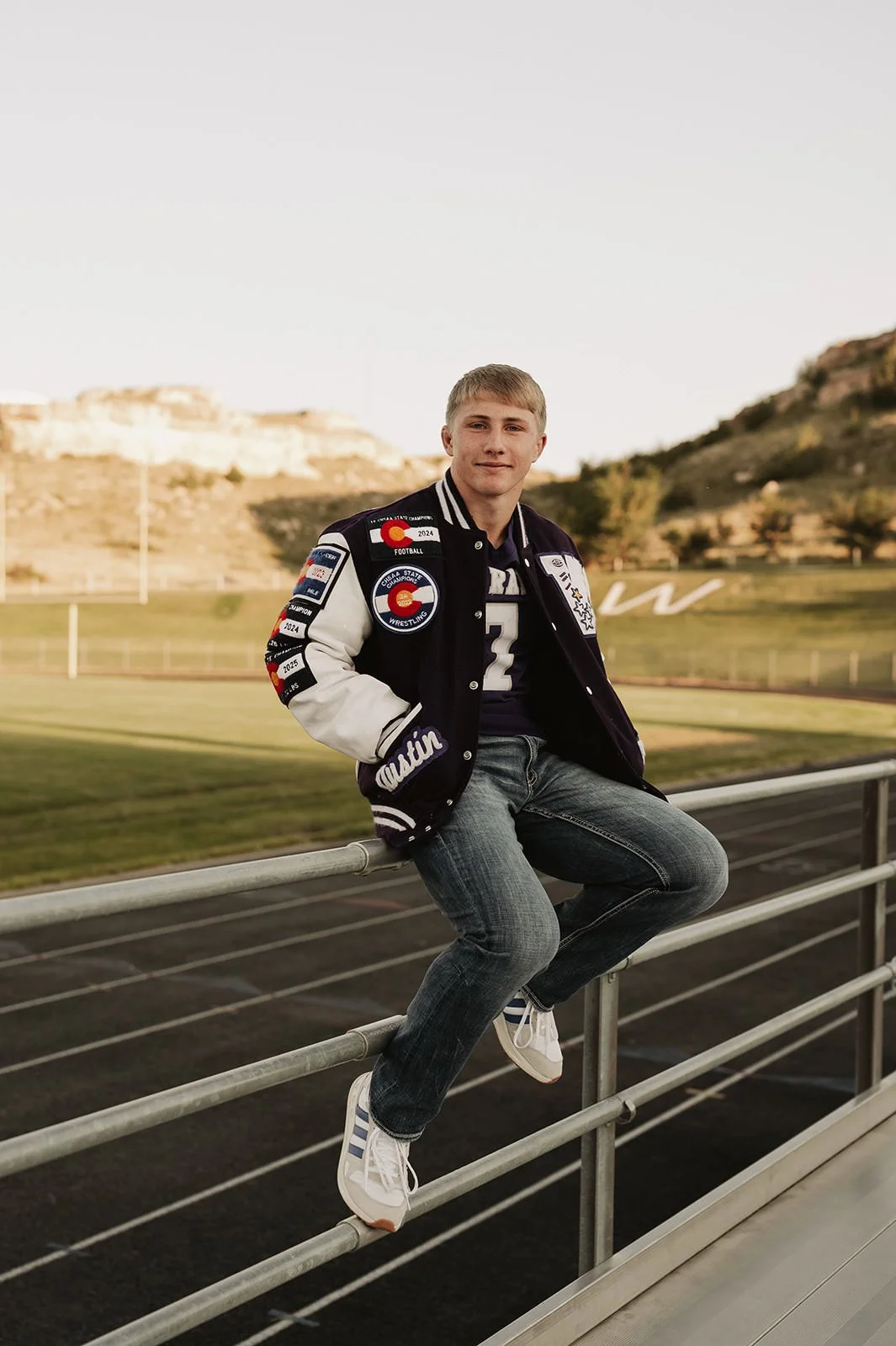 letterjacket senior portrait