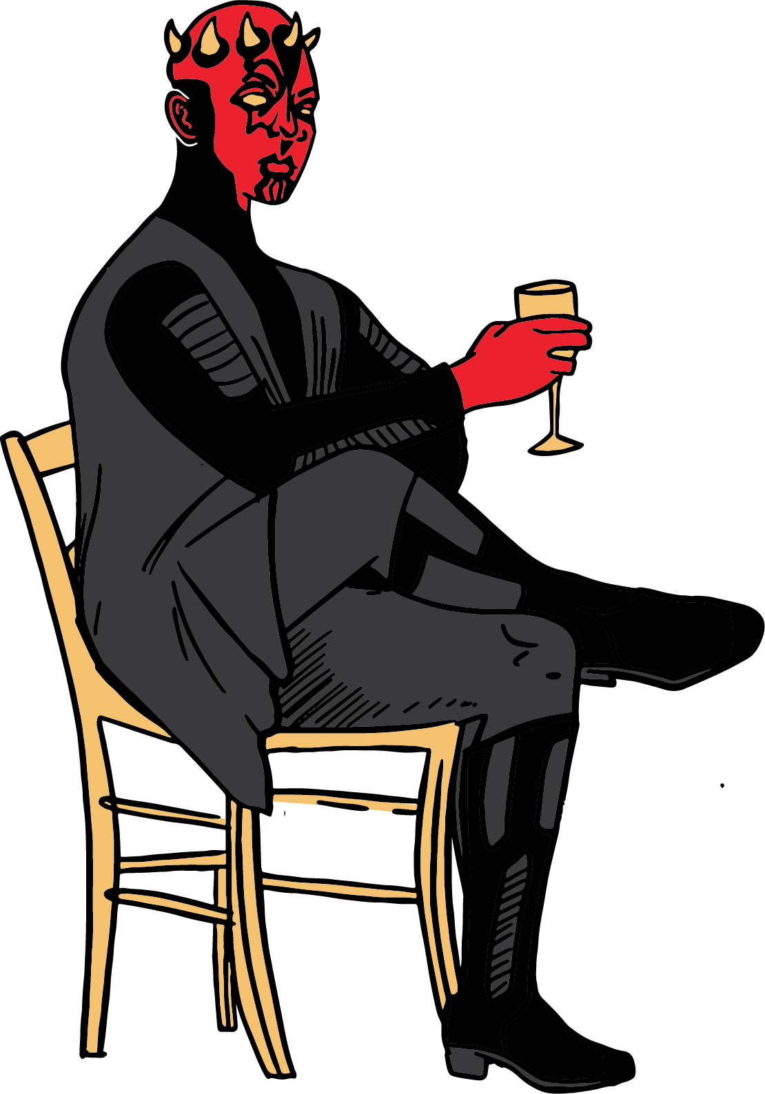 Illustration of a woman sitting on a chair, holding a glass of champagne, with a dark background.