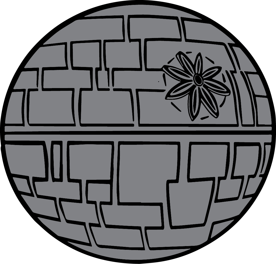 A circular illustration of a brick wall with a flower on the top right side.