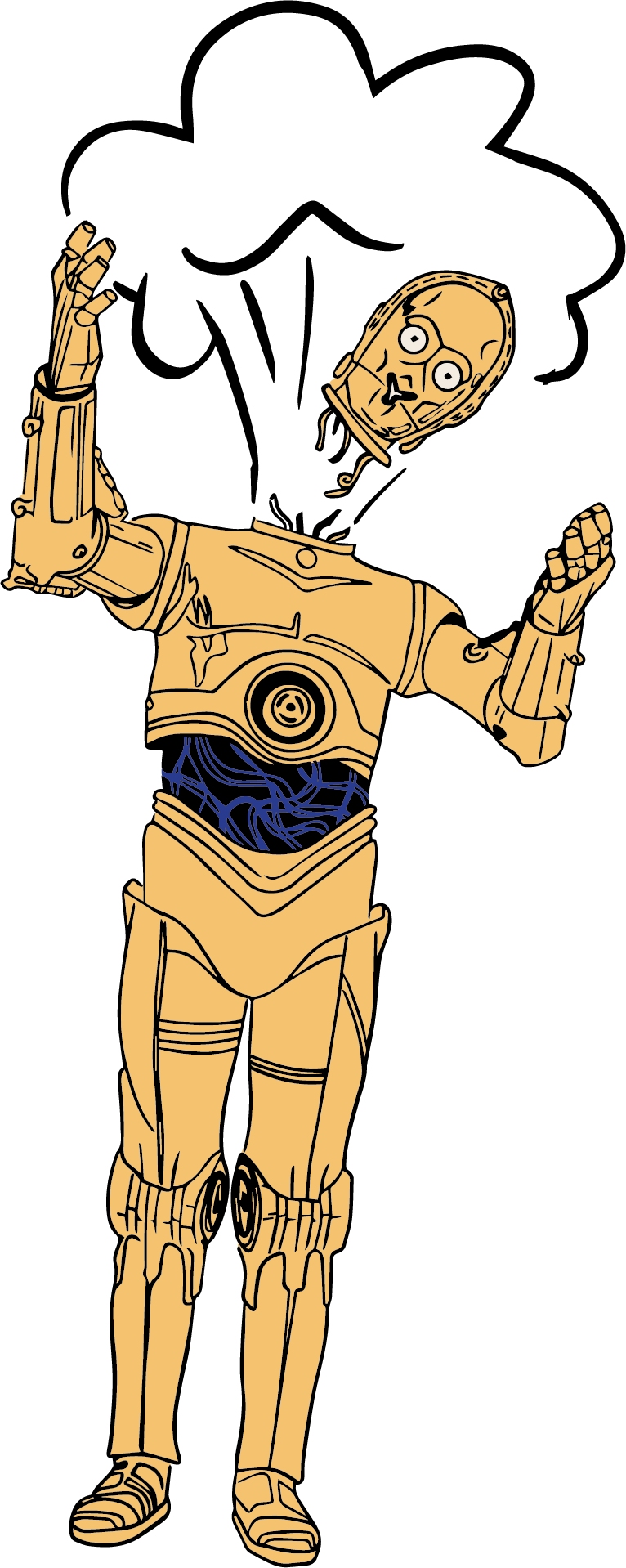 Illustration of a humanoid robot with a tan body, black hair, and blue lines inside the torso, standing with arms raised and making the 'peace' sign with one hand against a black background.