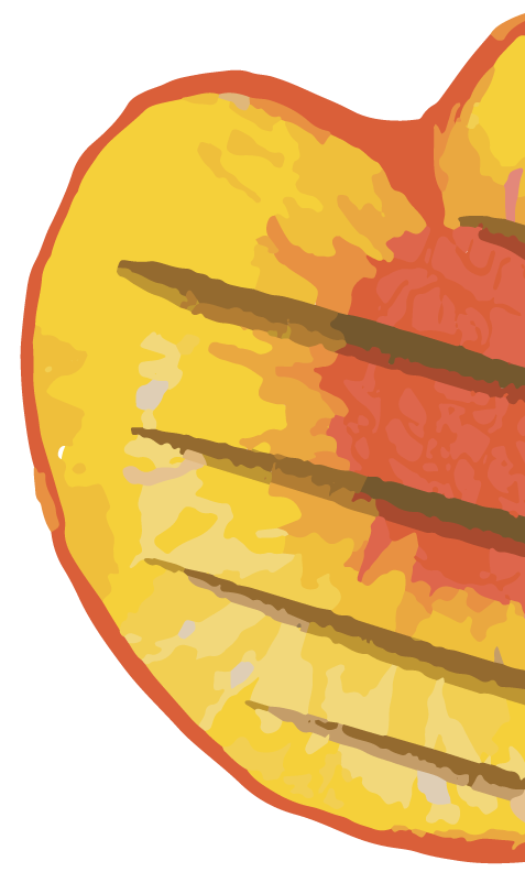 Close-up of a sliced yellow peach with red blush and grill marks on the flesh.
