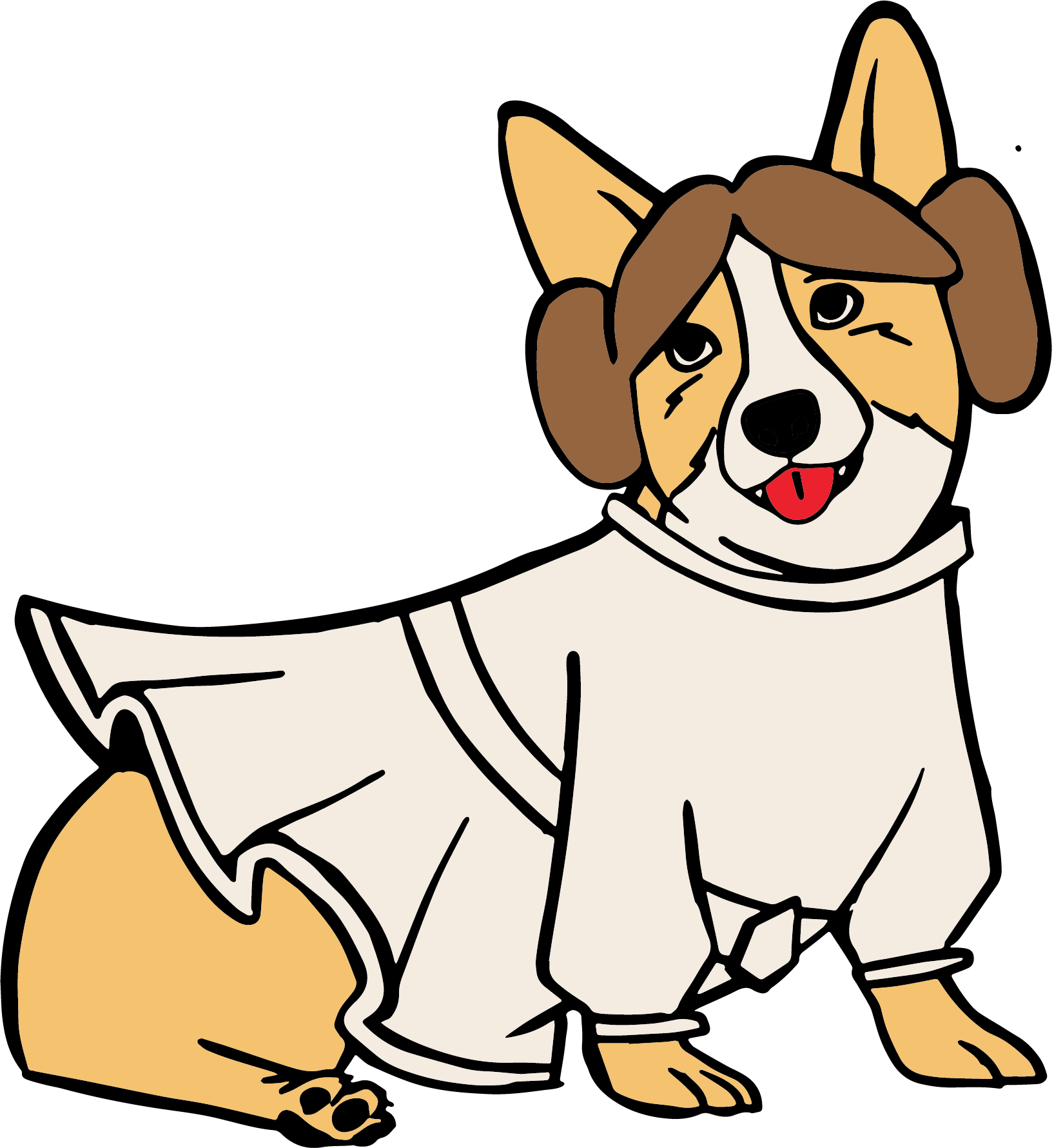 Cartoon dog dressed as a nurse, wearing a white coat and a stethoscope, with its tongue sticking out.