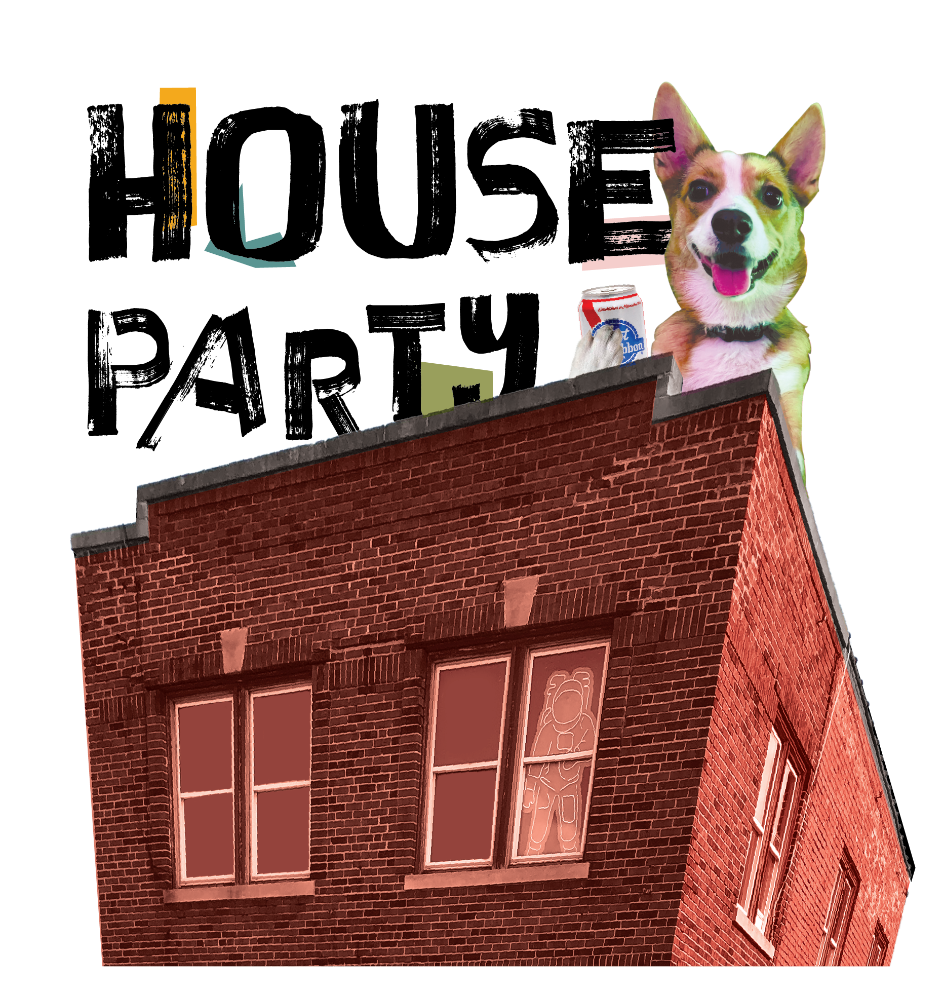 Collage featuring a dog, blurred outdoor scene with a chair, building with red brick facade, neon sign of a child on a window