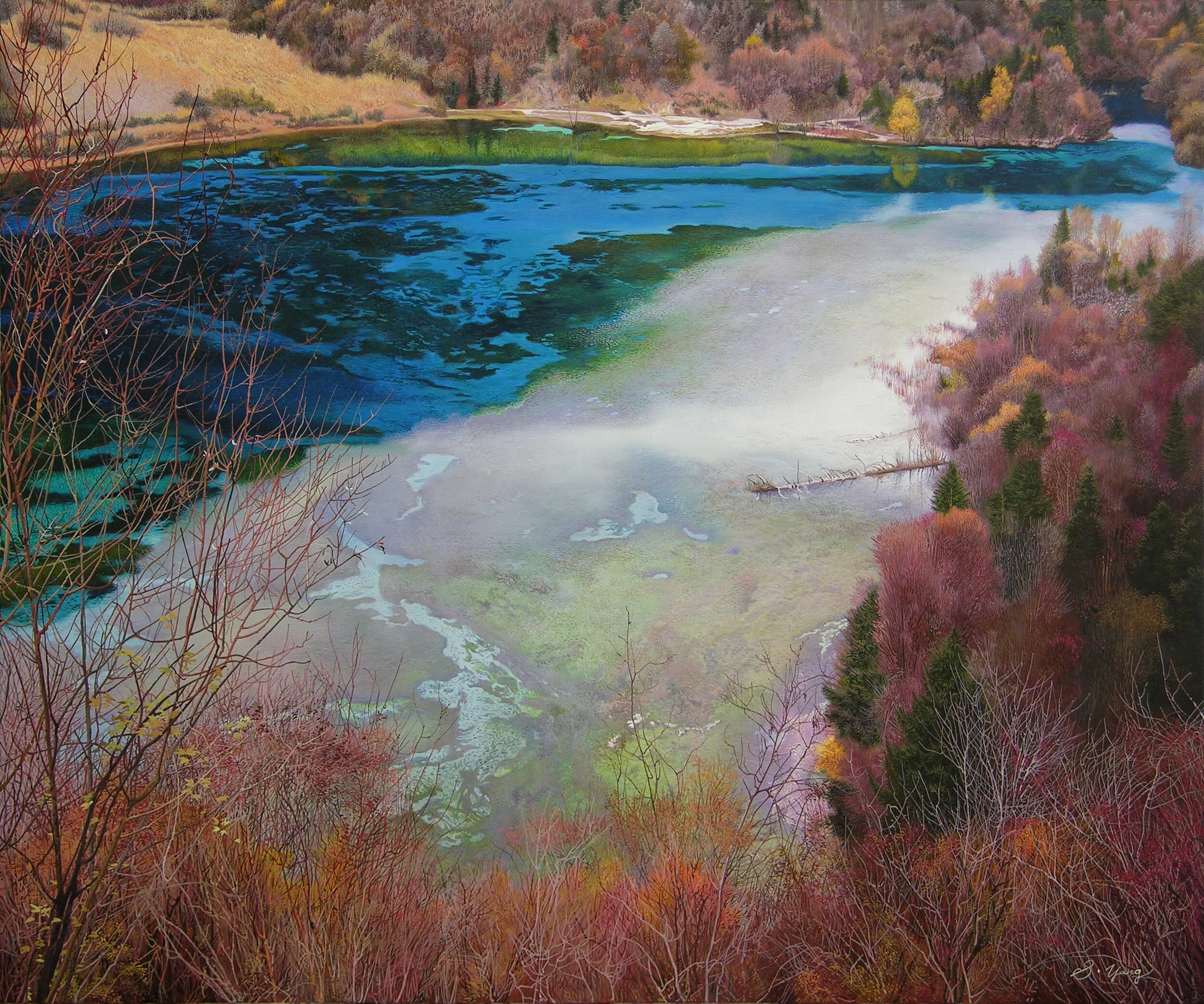 Pink mountains by colorful lake.jpg