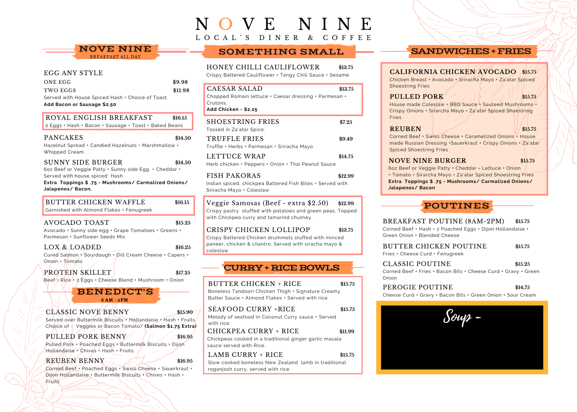 Menu from Nove Nine Local's Diner & Coffee, featuring breakfast options, small bites, sandwiches, fries, and poutines, with sections for Benedict's, specialty small dishes, curry and rice bowls, and a blacked-out soup section.