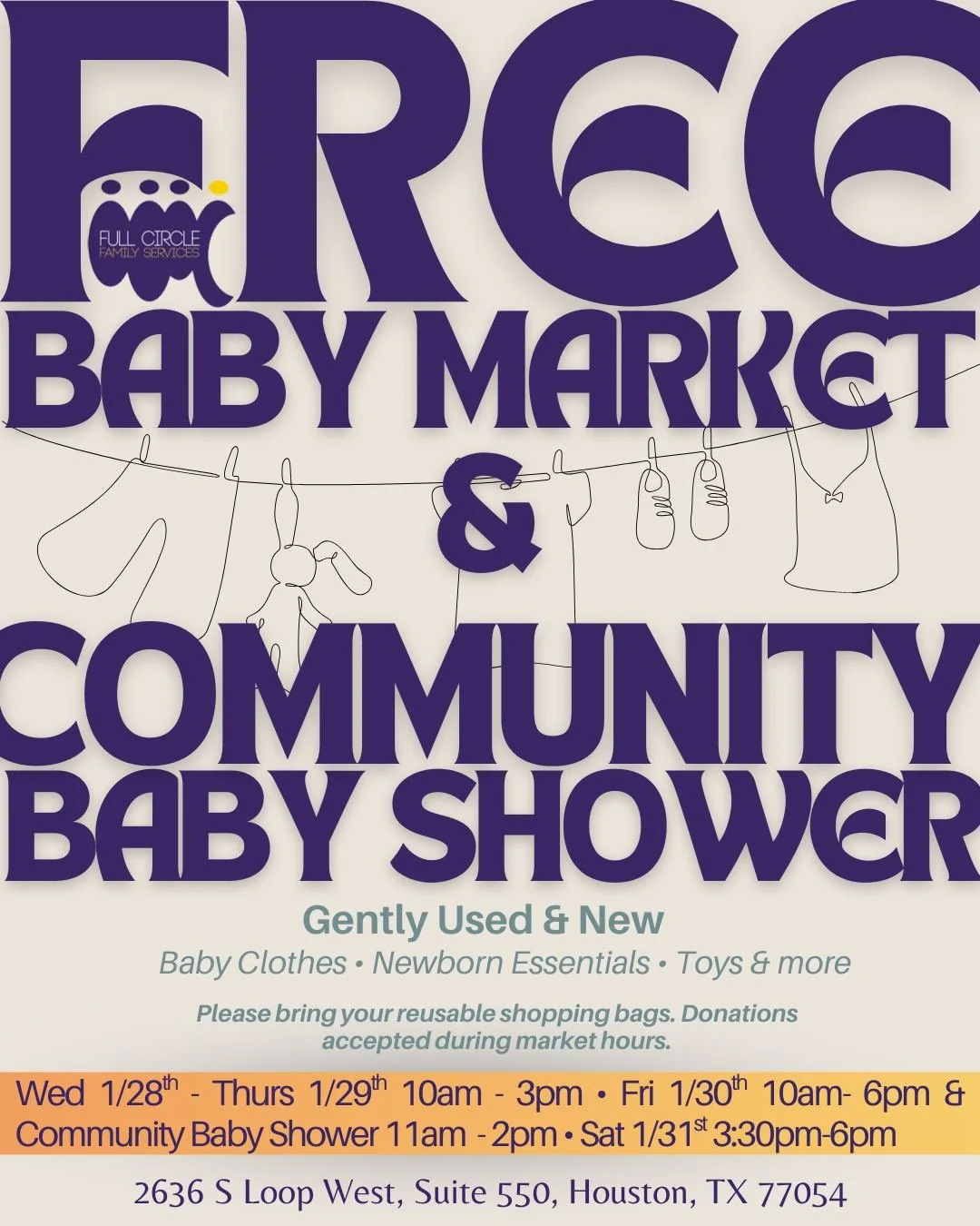 Supporting families. Sharing abundance. Building community.

Join us for our seasonal Free Baby Market, where Houston families can shop at no cost for gently-used and new baby essentials. 

We&rsquo;re also excited to introduce our first Community Ba