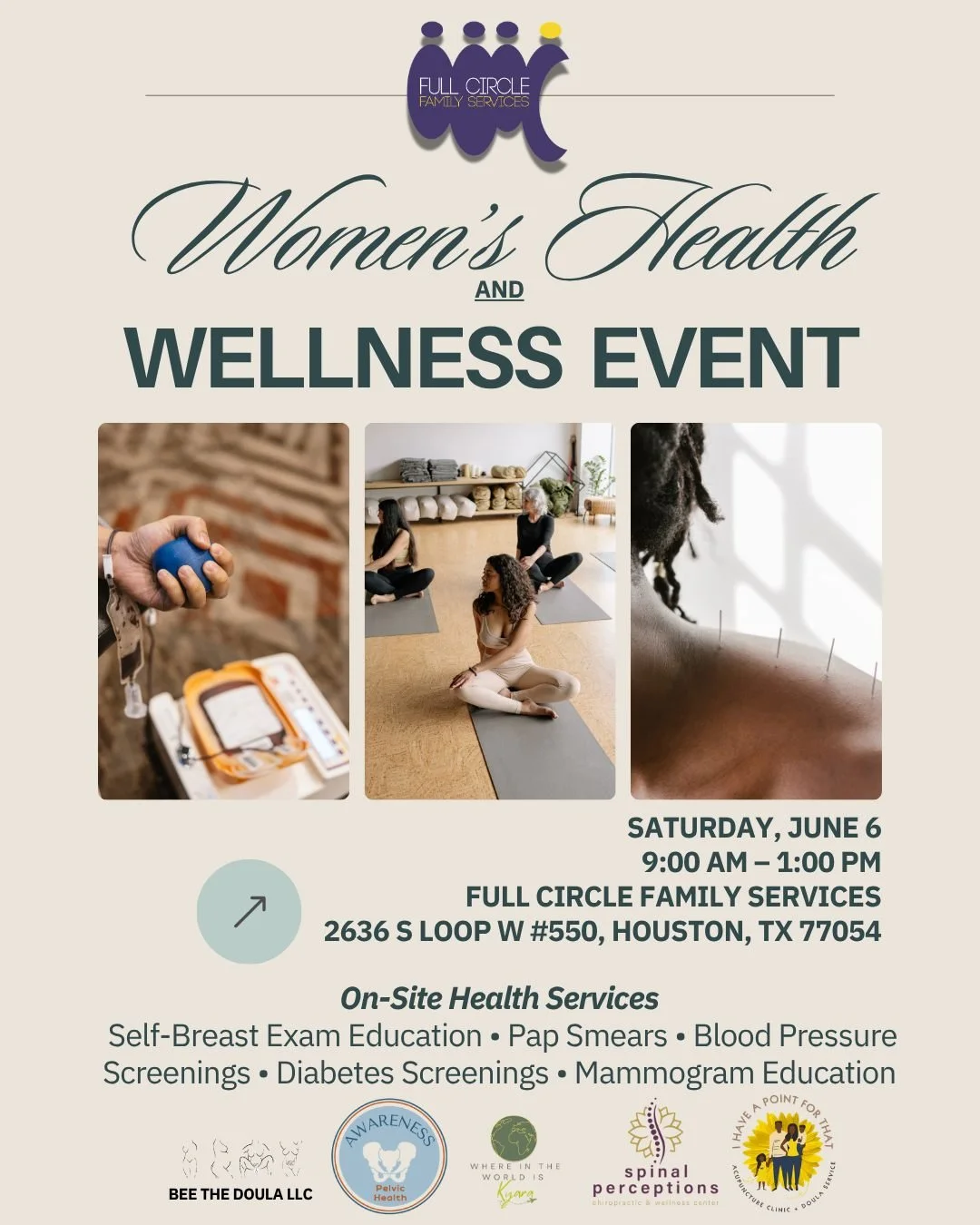 A morning dedicated to women&rsquo;s wellness, healing, and community. 

Join us June 6 for yoga, pelvic health education, acupuncture, mental health discussions, yoga, Zumba, wellness screenings, and more.

🗓 9AM&ndash;1PM
📍 Full Circle Family Ser