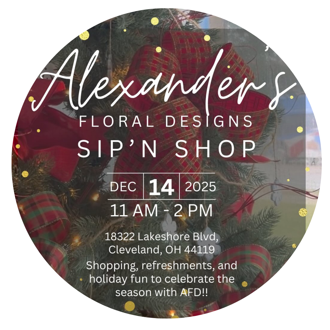 Invitation for a floral design event at Alexander's, SIP N SHOP, on December 14, 2025, from 11 AM to 2 PM at 18322 Lakeshore Blvd., Cleveland, OH 44119. The background features a decorated holiday tree with red ribbons and plaid ornaments.