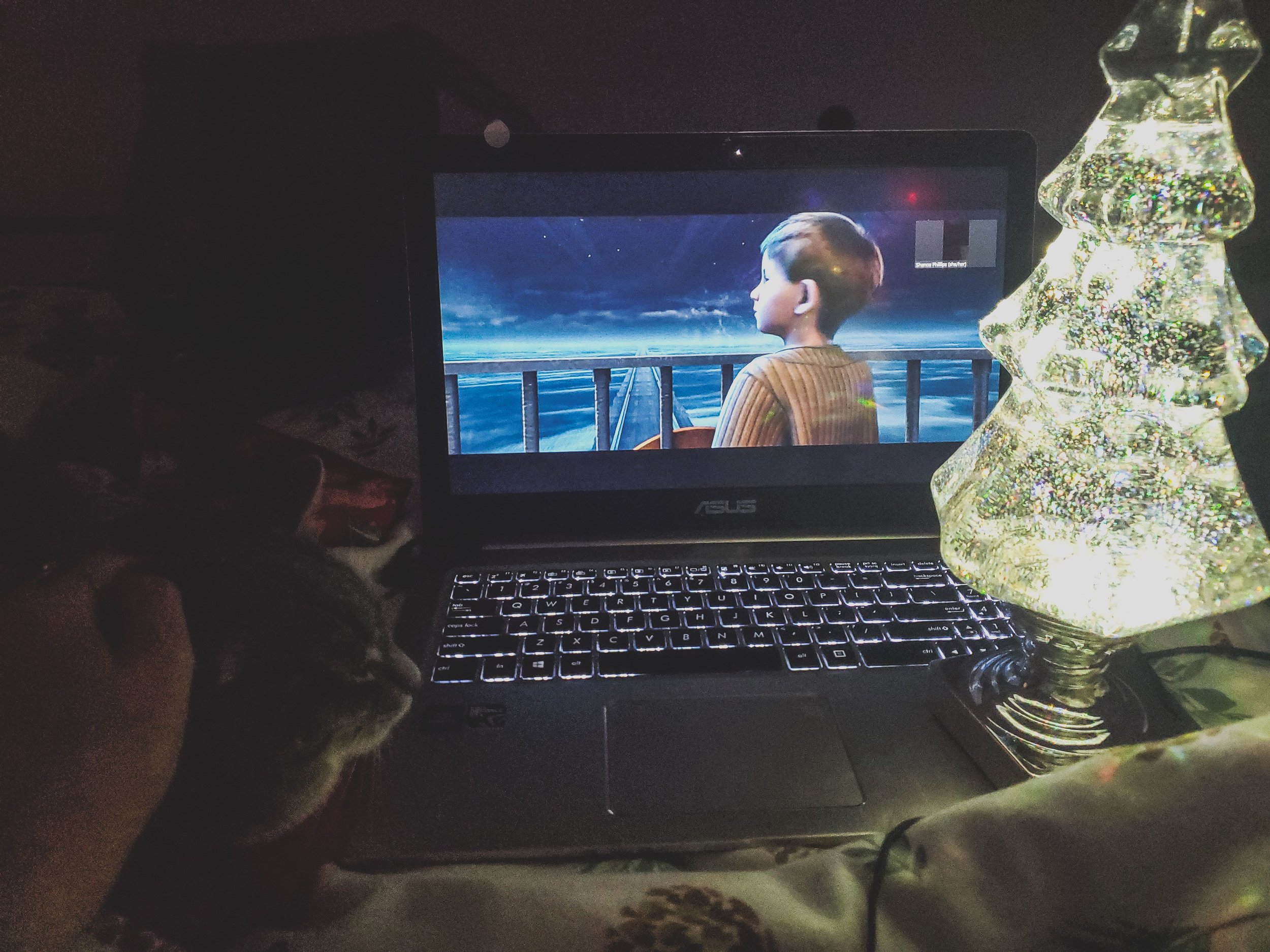  Look at this magical set up! a kitty, some lights and Christmas movie and my best friend.  