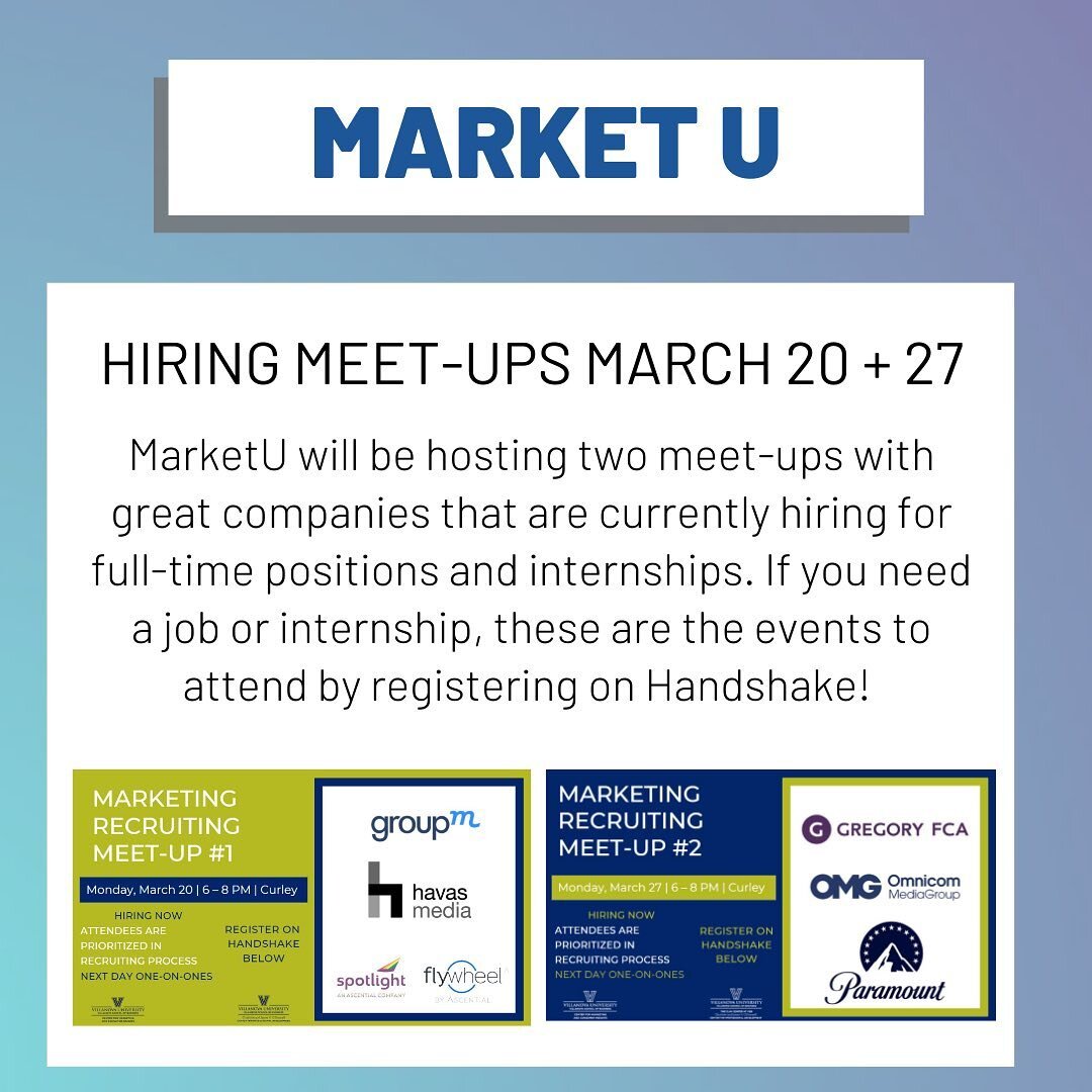 MARKET U MEET-UPS! 

This is a great opportunity for juniors and seniors to meet with great companies that are currently hiring for either jobs or internships! Register on Handshake today!