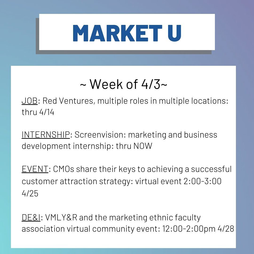 Check out this week&rsquo;s market u newsletter featuring jobs, internships, and other ways to dive head first into marketing at Villanova. 

All of these amazing opportunities can be found on handshake, so don&rsquo;t hesitate to get signed up for w