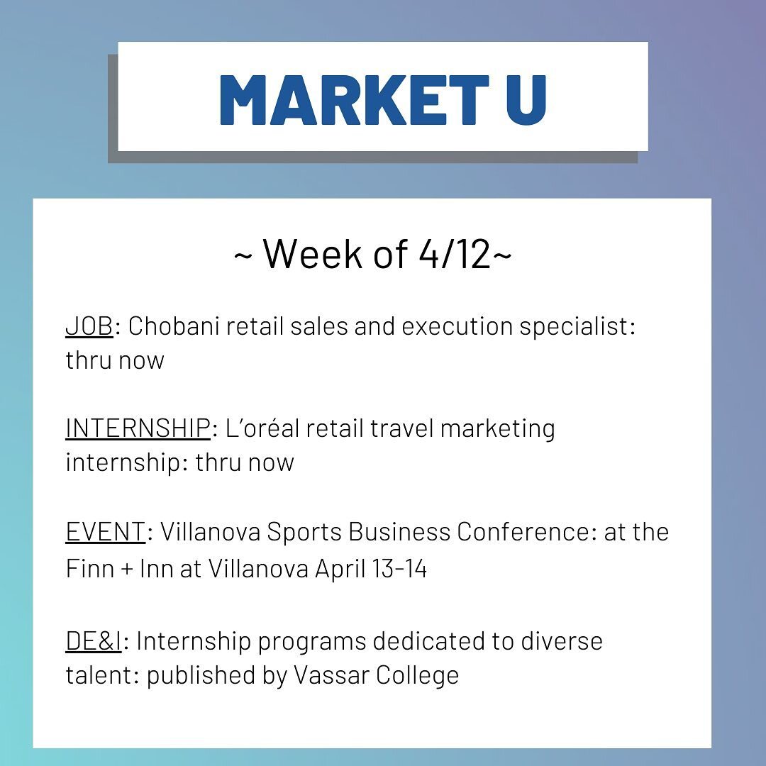Check out this week&rsquo;s market u newsletter featuring jobs, internships, and other ways to dive head first into marketing at Villanova. Tomorrow is the Villanova Sports Business Conference so make sure to sign up!