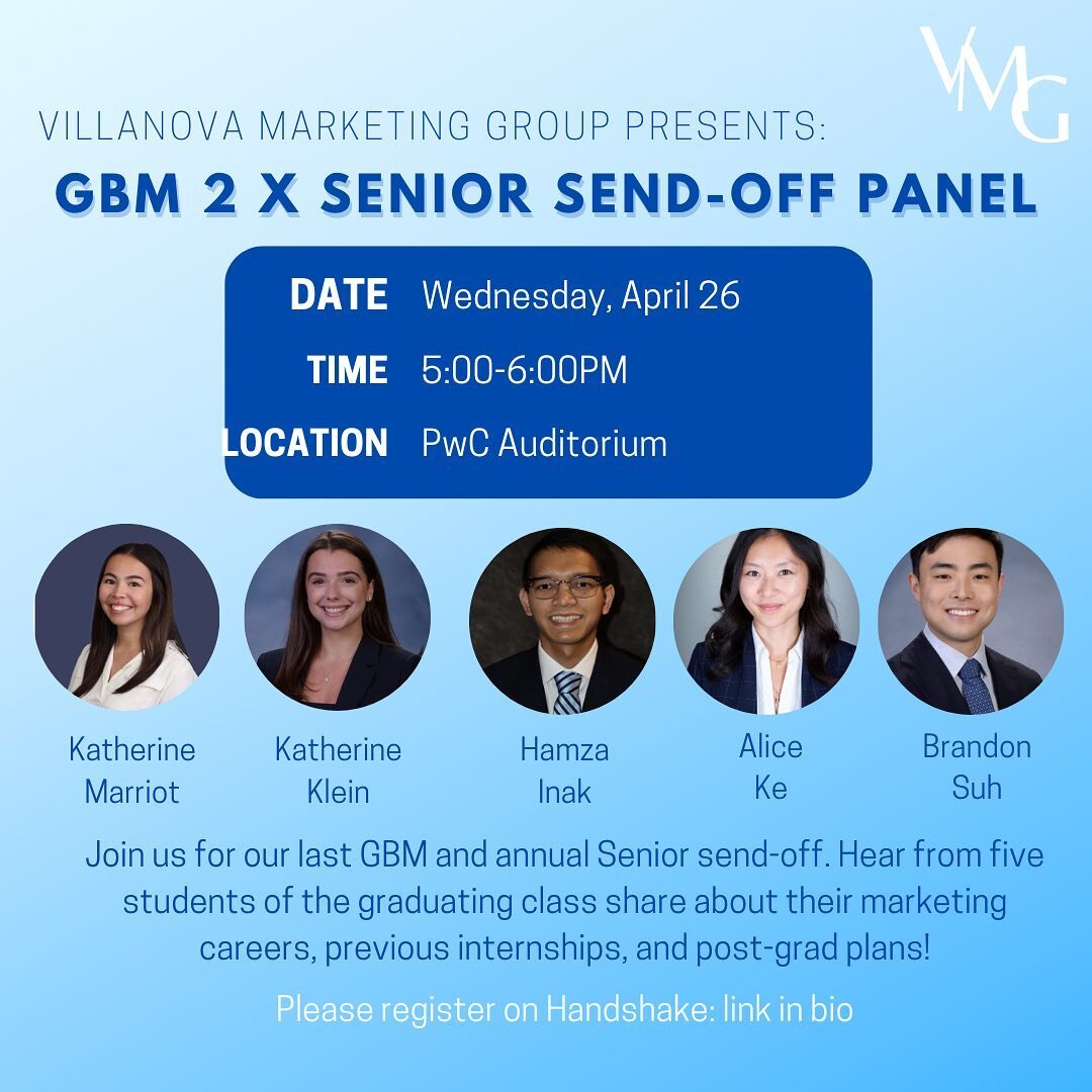 Join us on Wednesday for our last GBM of the semester featuring five of our seniors who will speak on their future marketing careers!