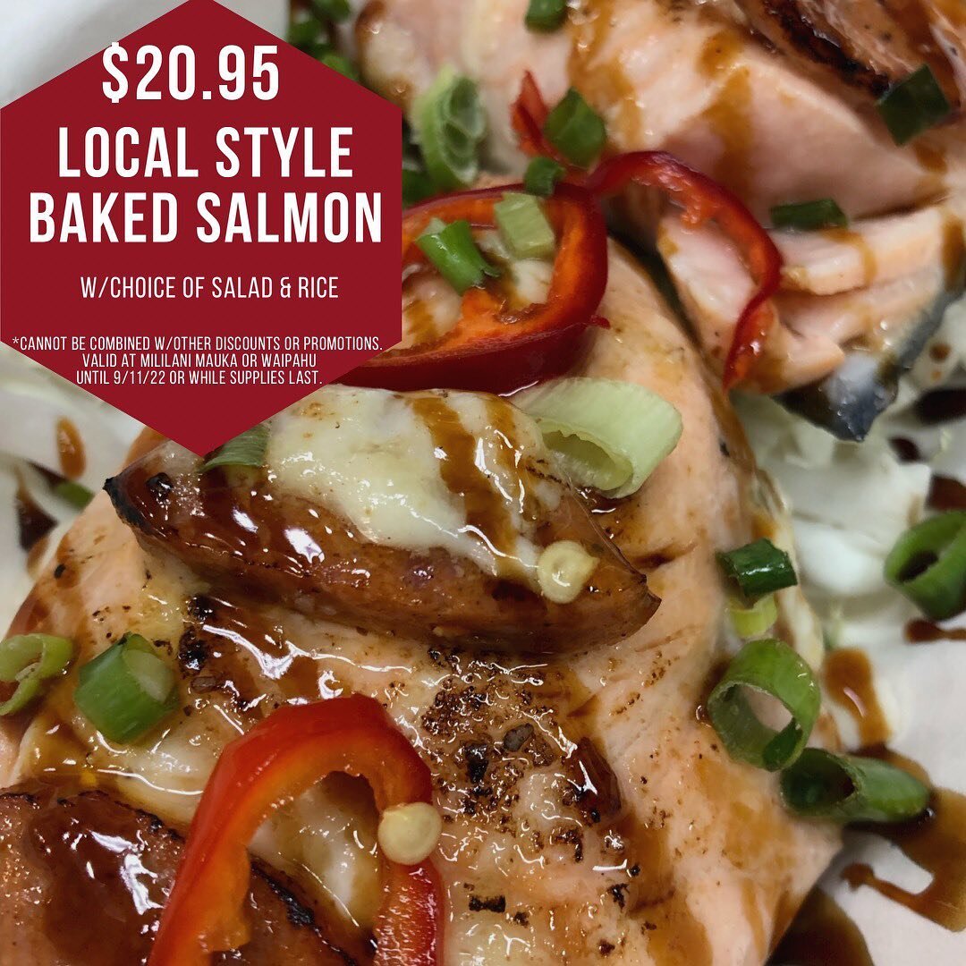 This week we have Local Style Baked Salmon on special! Available at both locations until 9/11 or while supplies last. #pokestop #pokestopmililanimauka #pokestopwaipahu #localstyle #bakedsalmon