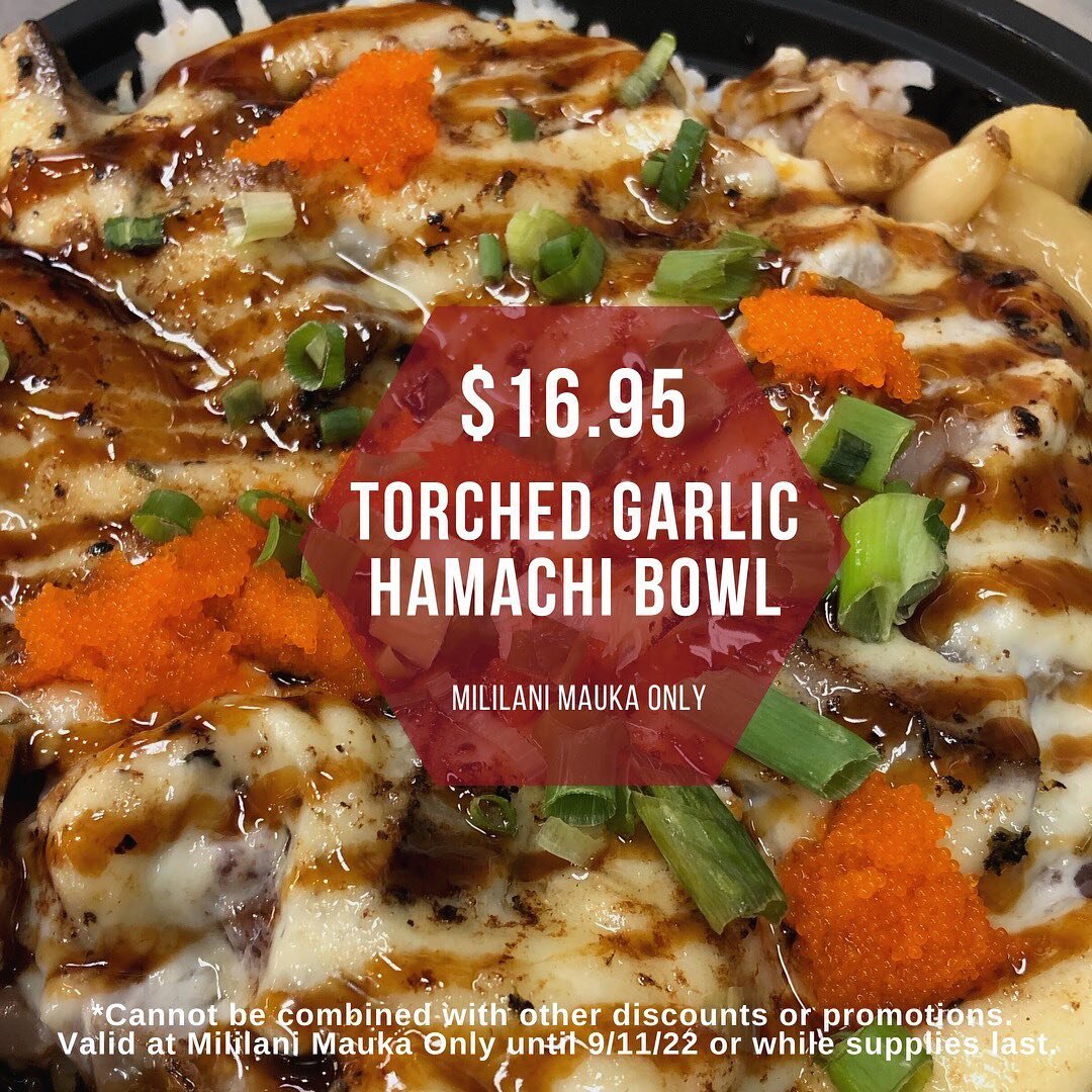 Visit us at our Mauka location for a Torched Garlic Hamachi bowl! #pokestop #pokestopmililanimauka #pokestopwaipahu #torchedgarlic #hamachibowl