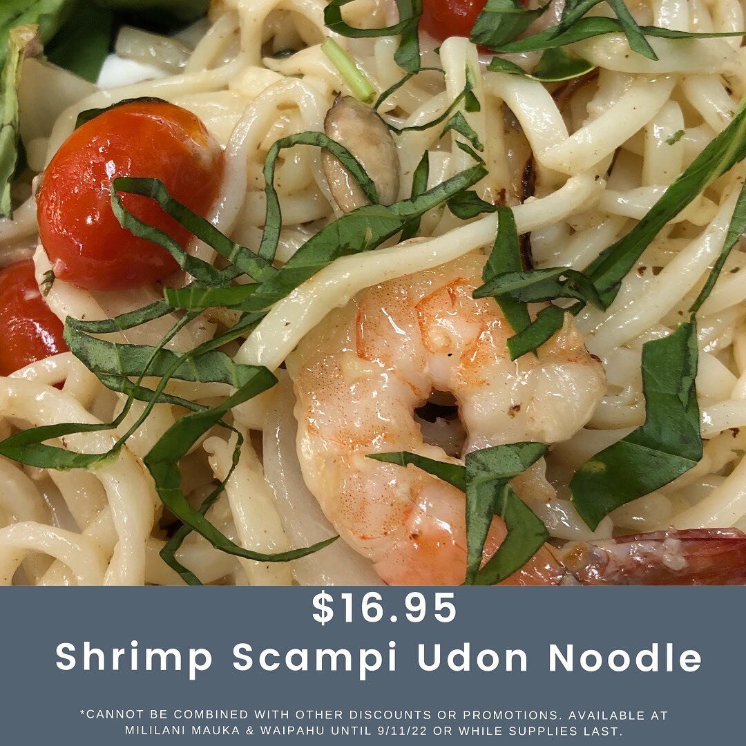 Grab a Shrimp Scampi Udon Noodle! Available at both locations until 9/11 or while supplies last. #pokestop #pokestopmililanimauka #pokestopwaipahu #shrimpscampi #udonnoodles