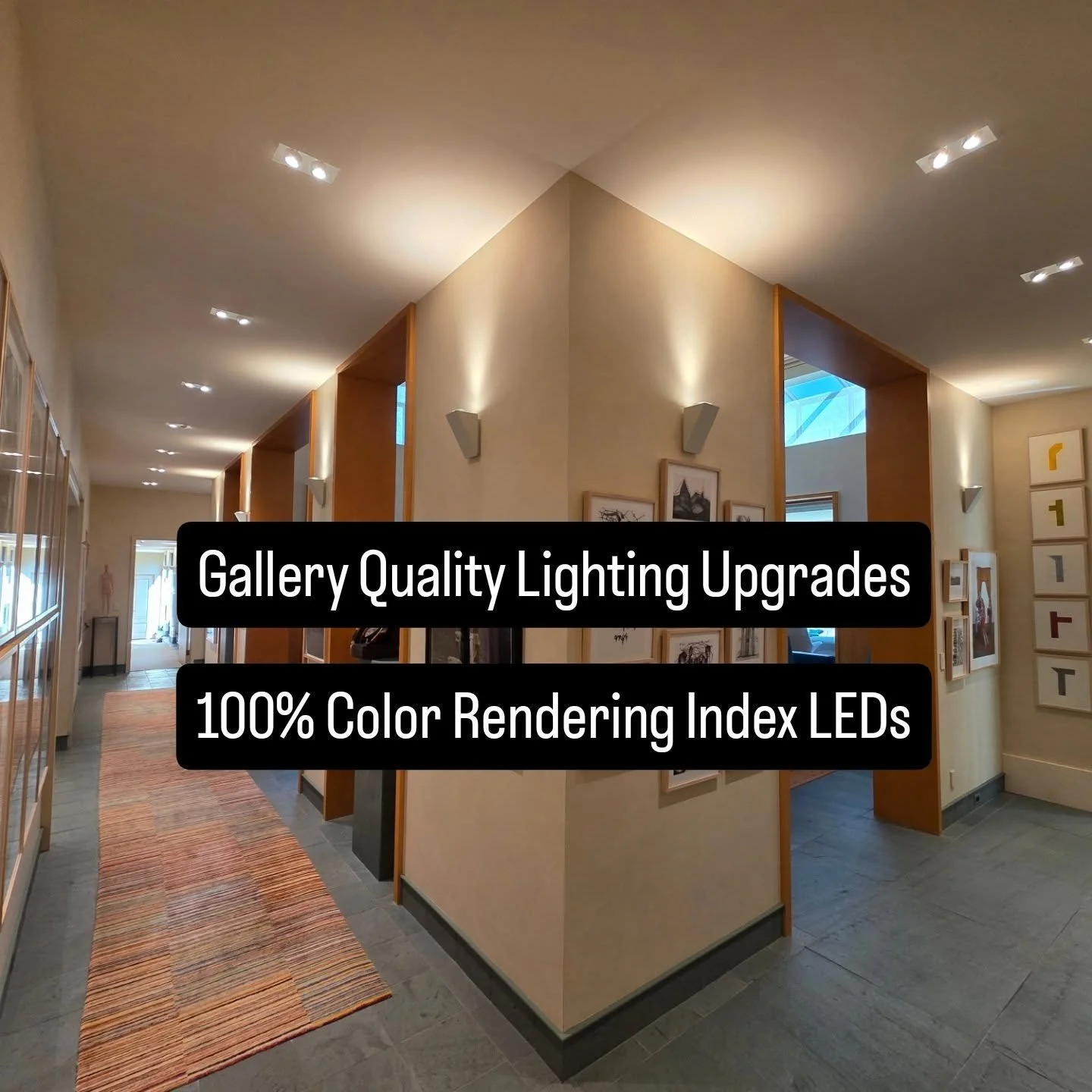 Upgrading old outdated halogen bulbs to the highest quality available LED. 

The art gallery quality lighting brings out new colors and true features of art
