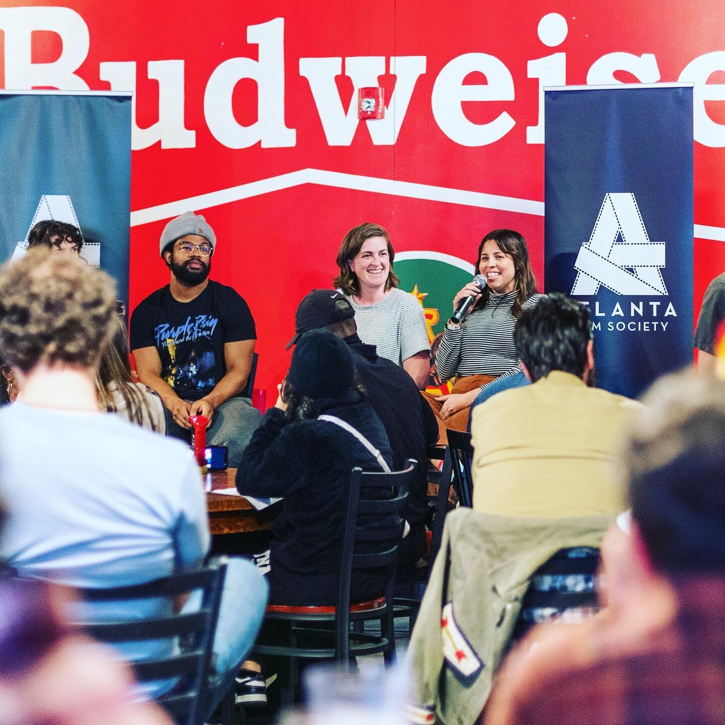 Our cinematographer @kr_hawkins and our producer @productionmegan dropping the science at the @atlantafilmfestival kickoff! #atlff #atlff23 #filmmaking #indiefilm #womeninfilm