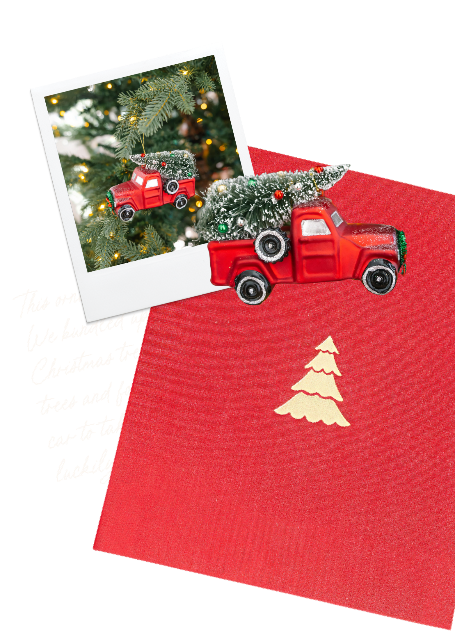 Christmas ornament book collage featuring the book, an ornament, and a photo of the ornament.