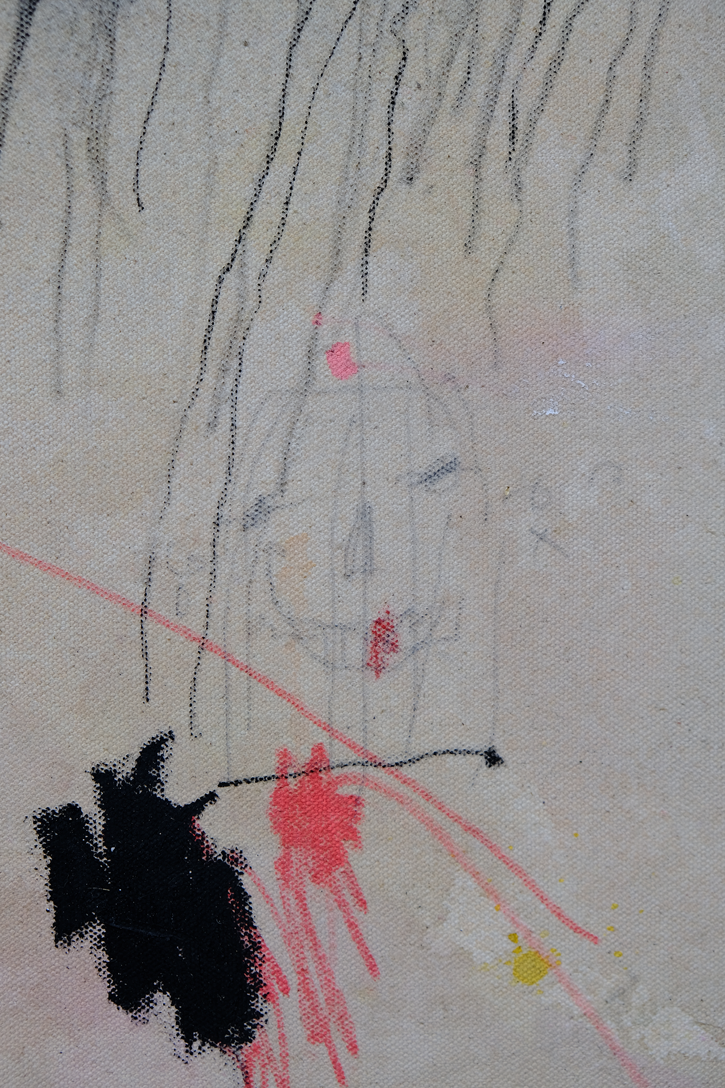 Abstract artwork with black and red scribbles on a textured beige background.