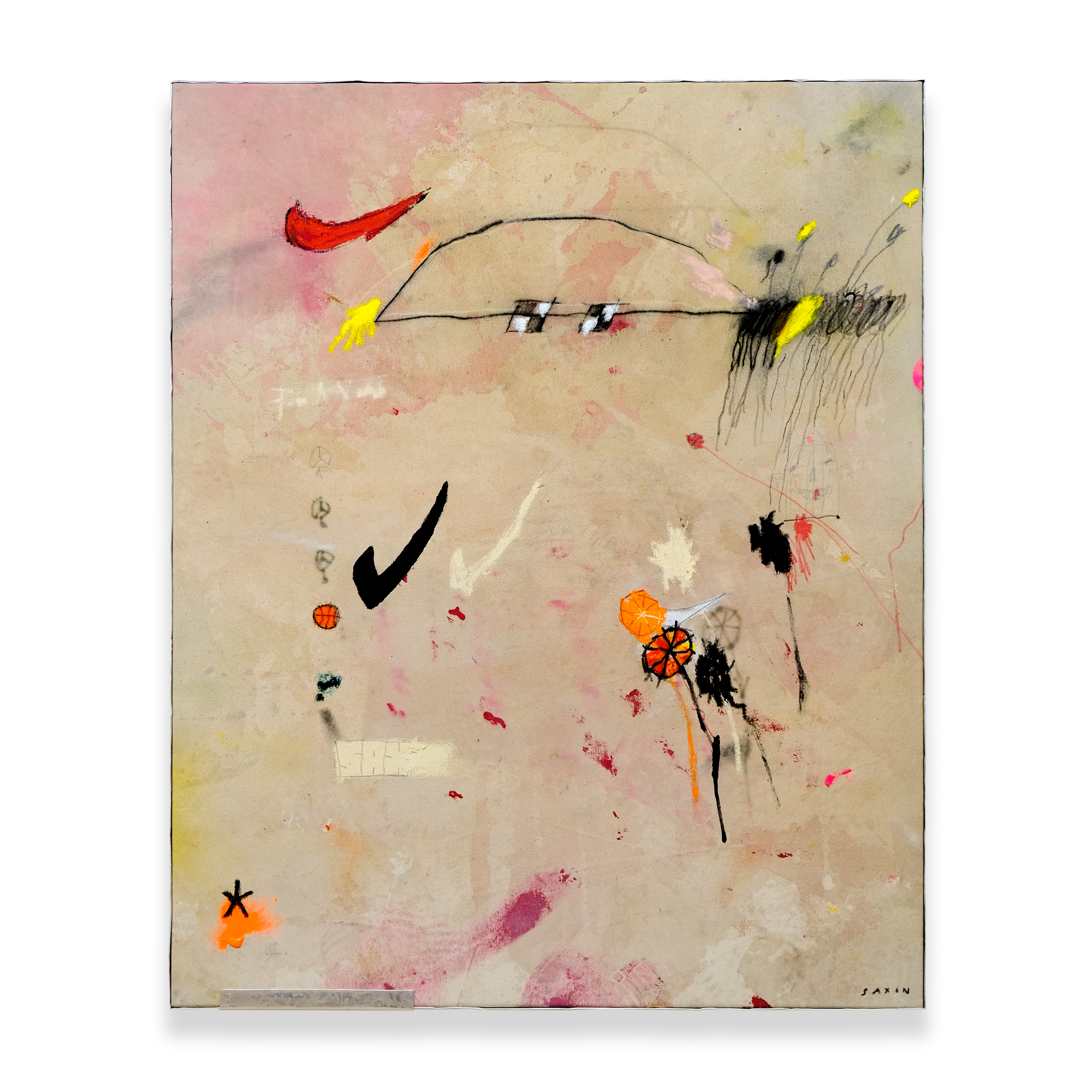 Abstract art with various shapes and colors, including orange, yellow, and black elements on a light background.